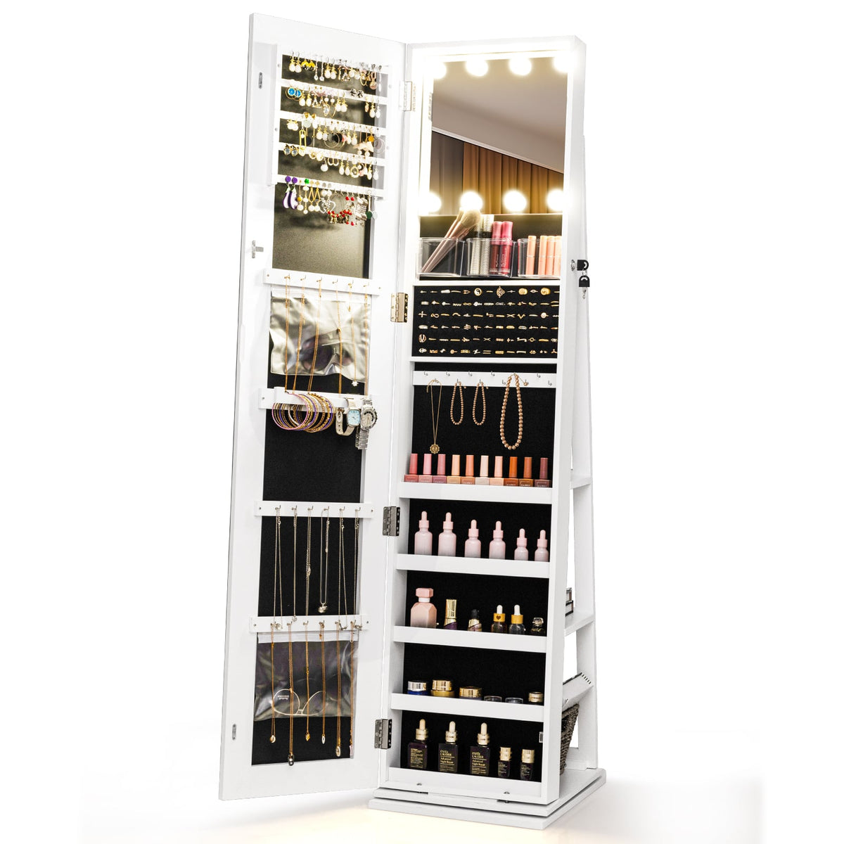 360° Swivel Freestanding Jewelry Cabinet with Lighted Full Length Mirror-White-Jewelry Armoires-DECOROLALA