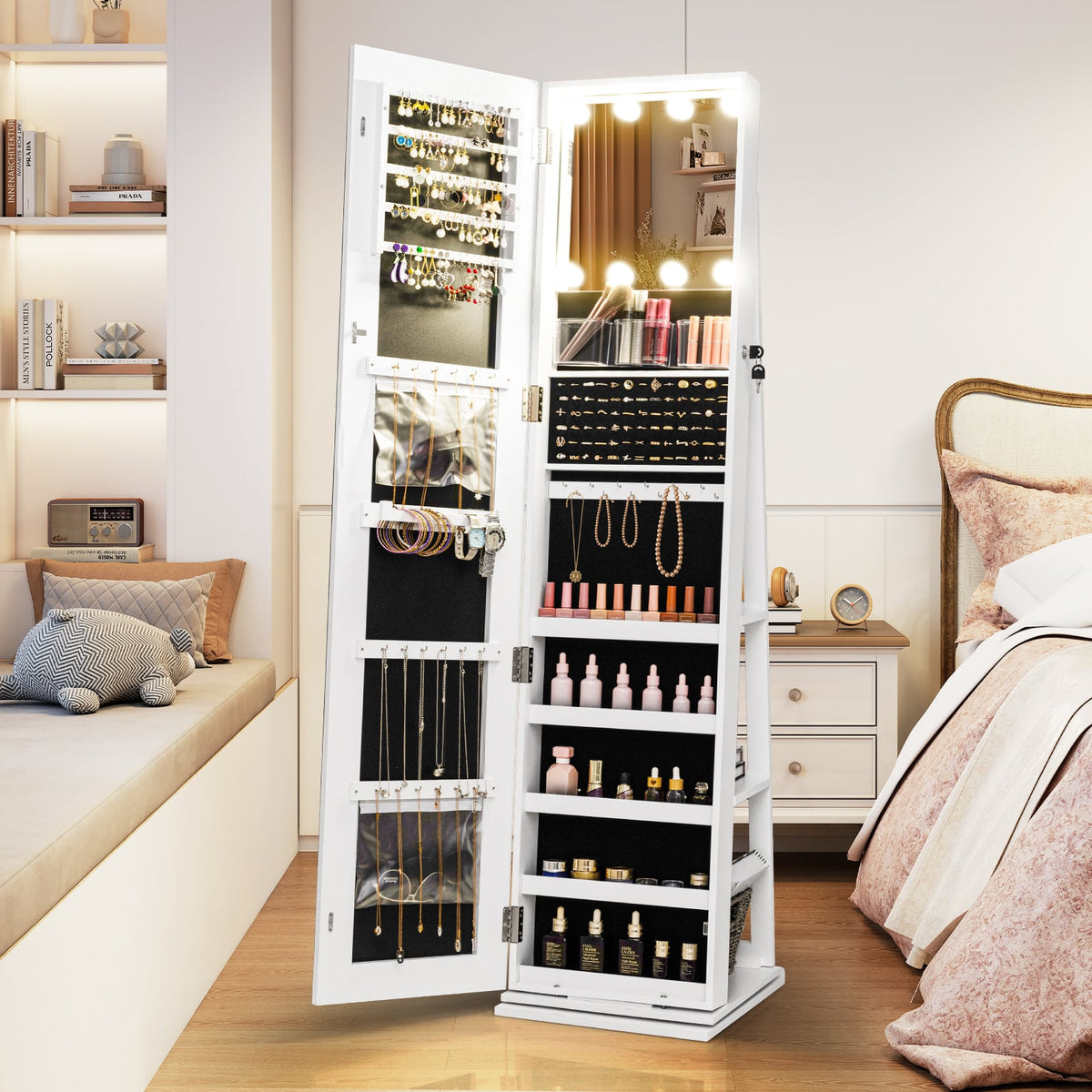 360° Swivel Freestanding Jewelry Cabinet with Lighted Full Length Mirror-White-Jewelry Armoires-DECOROLALA
