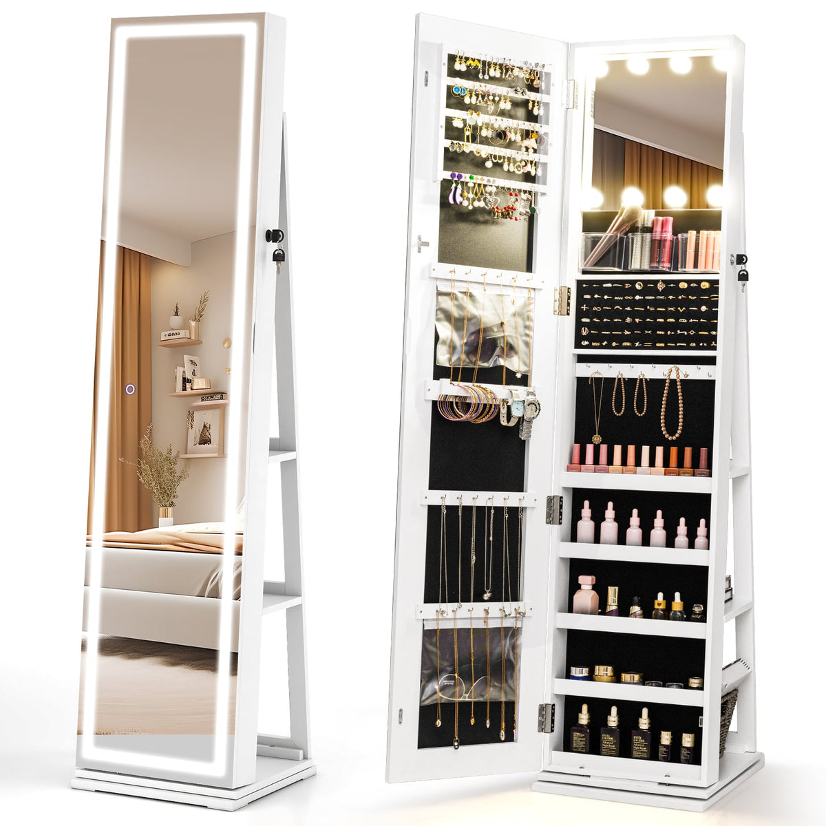 360° Swivel Freestanding Jewelry Cabinet with Lighted Full Length Mirror-White-Jewelry Armoires-DECOROLALA