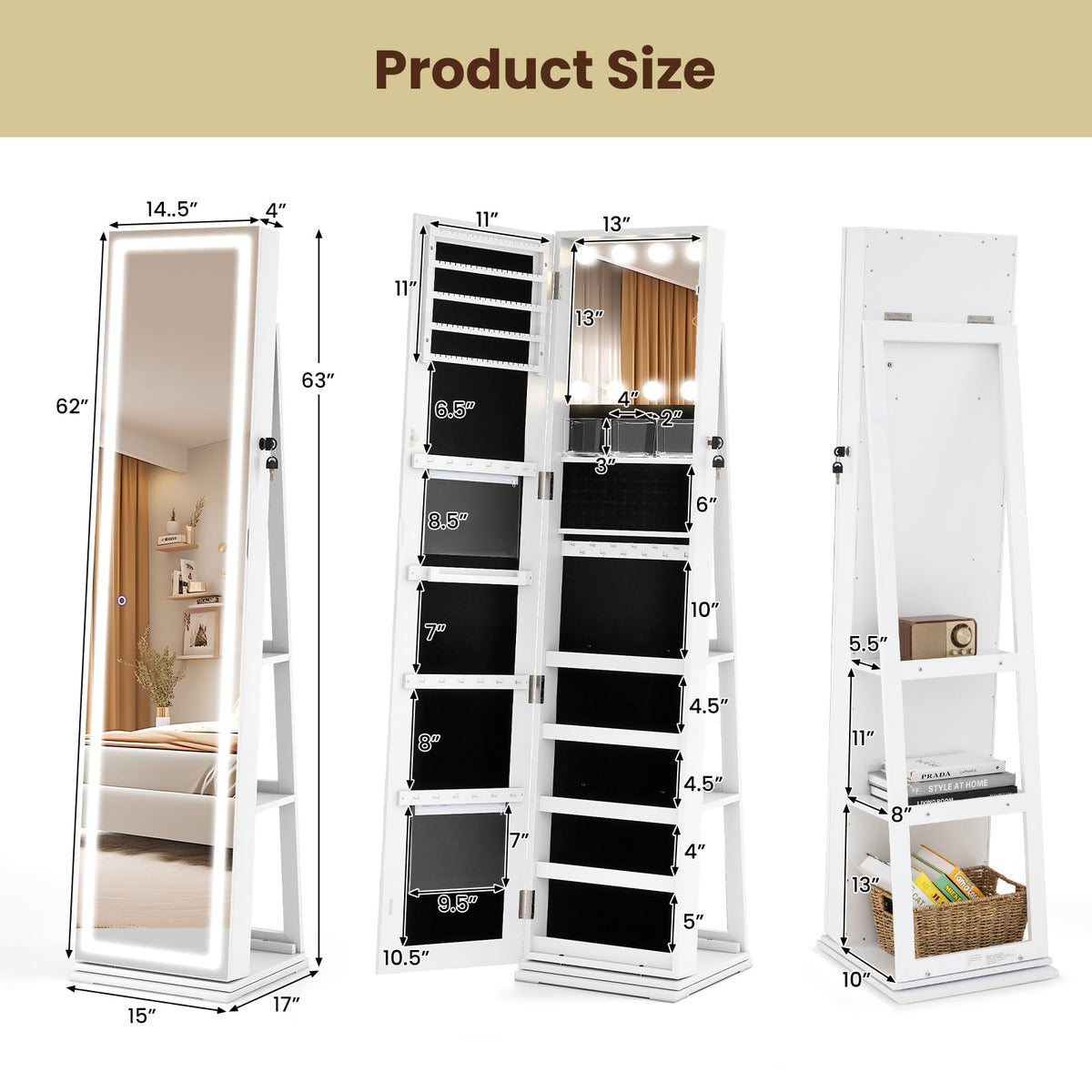 360° Swivel Freestanding Jewelry Cabinet with Lighted Full Length Mirror-White-Jewelry Armoires-DECOROLALA