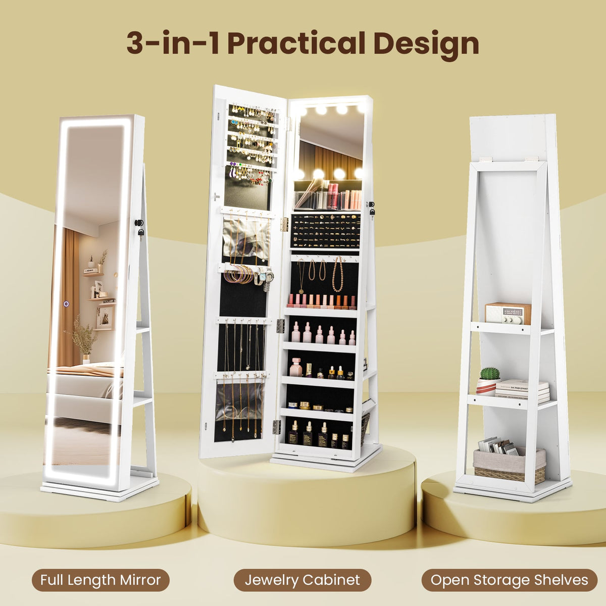 360° Swivel Freestanding Jewelry Cabinet with Lighted Full Length Mirror-White-Jewelry Armoires-DECOROLALA