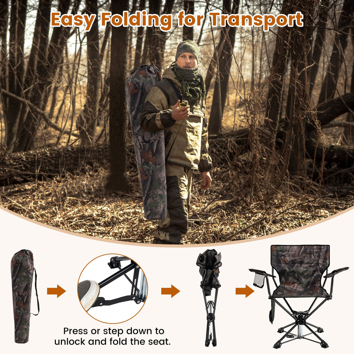 360° Swivel Hunting Chair Portable Foldable Hunting Chair Set of 2-Camo-Camping Furniture-DECOROLALA