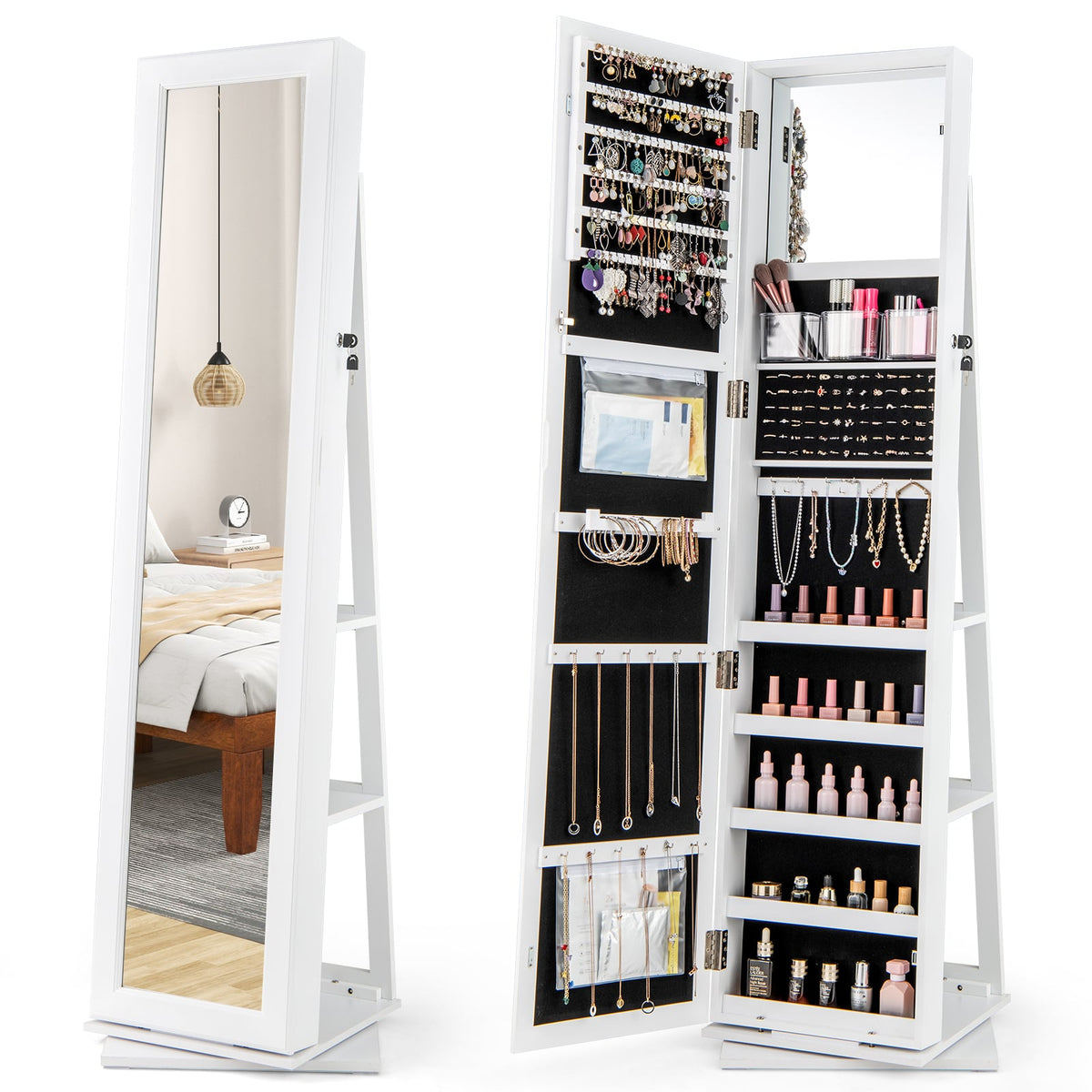 360° Swivel Jewelry Armoire Standing Jewelry Organizer with Full Length Mirror and Back Shelves-White-Jewelry Armoires-DECOROLALA