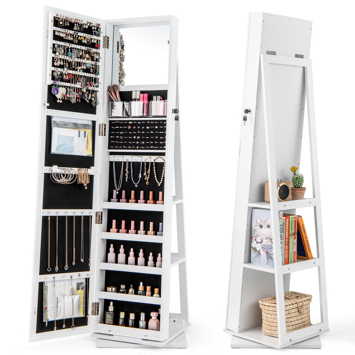 360° Swivel Jewelry Armoire Standing Jewelry Organizer with Full Length Mirror and Back Shelves-White-Jewelry Armoires-DECOROLALA