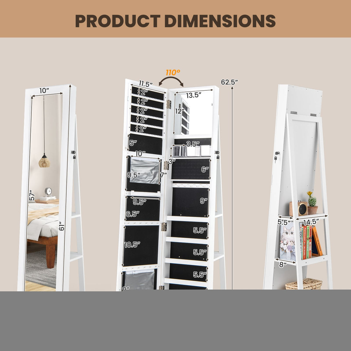 360° Swivel Jewelry Armoire Standing Jewelry Organizer with Full Length Mirror and Back Shelves-White-Jewelry Armoires-DECOROLALA