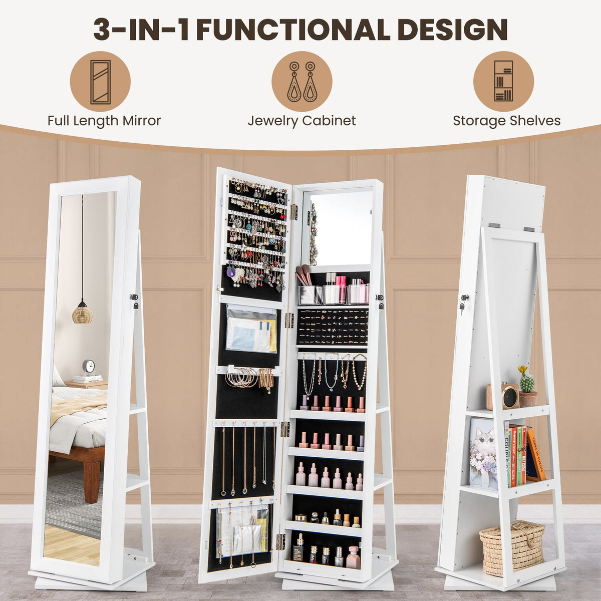 360° Swivel Jewelry Armoire Standing Jewelry Organizer with Full Length Mirror and Back Shelves-White-Jewelry Armoires-DECOROLALA