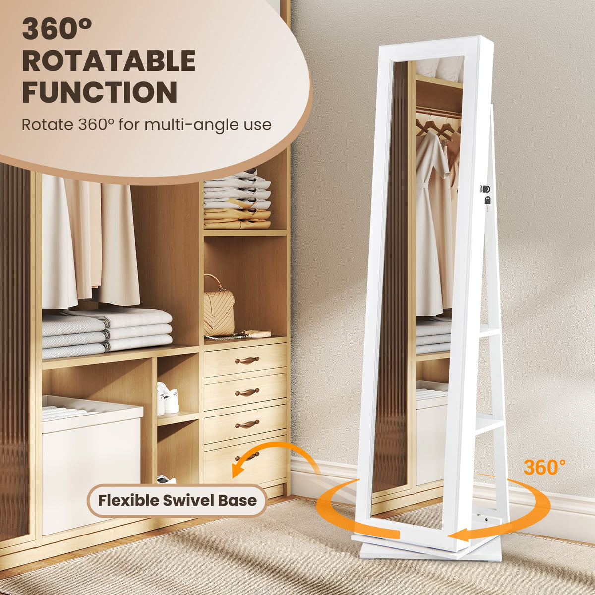 360° Swivel Jewelry Armoire Standing Jewelry Organizer with Full Length Mirror and Back Shelves-White-Jewelry Armoires-DECOROLALA