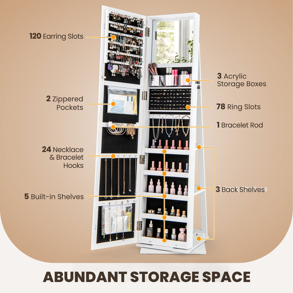 360° Swivel Jewelry Armoire Standing Jewelry Organizer with Full Length Mirror and Back Shelves-White-Jewelry Armoires-DECOROLALA