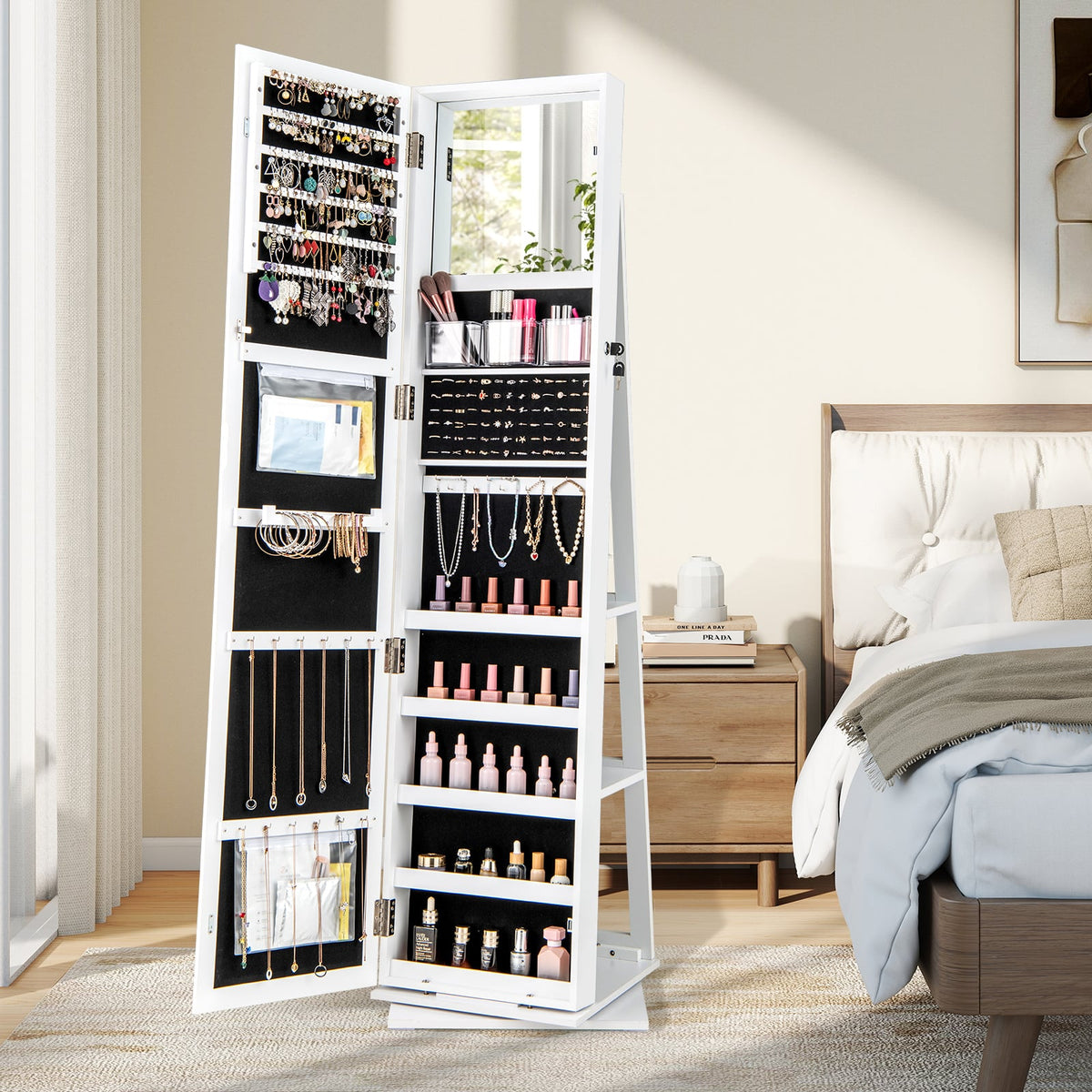360° Swivel Jewelry Armoire Standing Jewelry Organizer with Full Length Mirror and Back Shelves-White-Jewelry Armoires-DECOROLALA