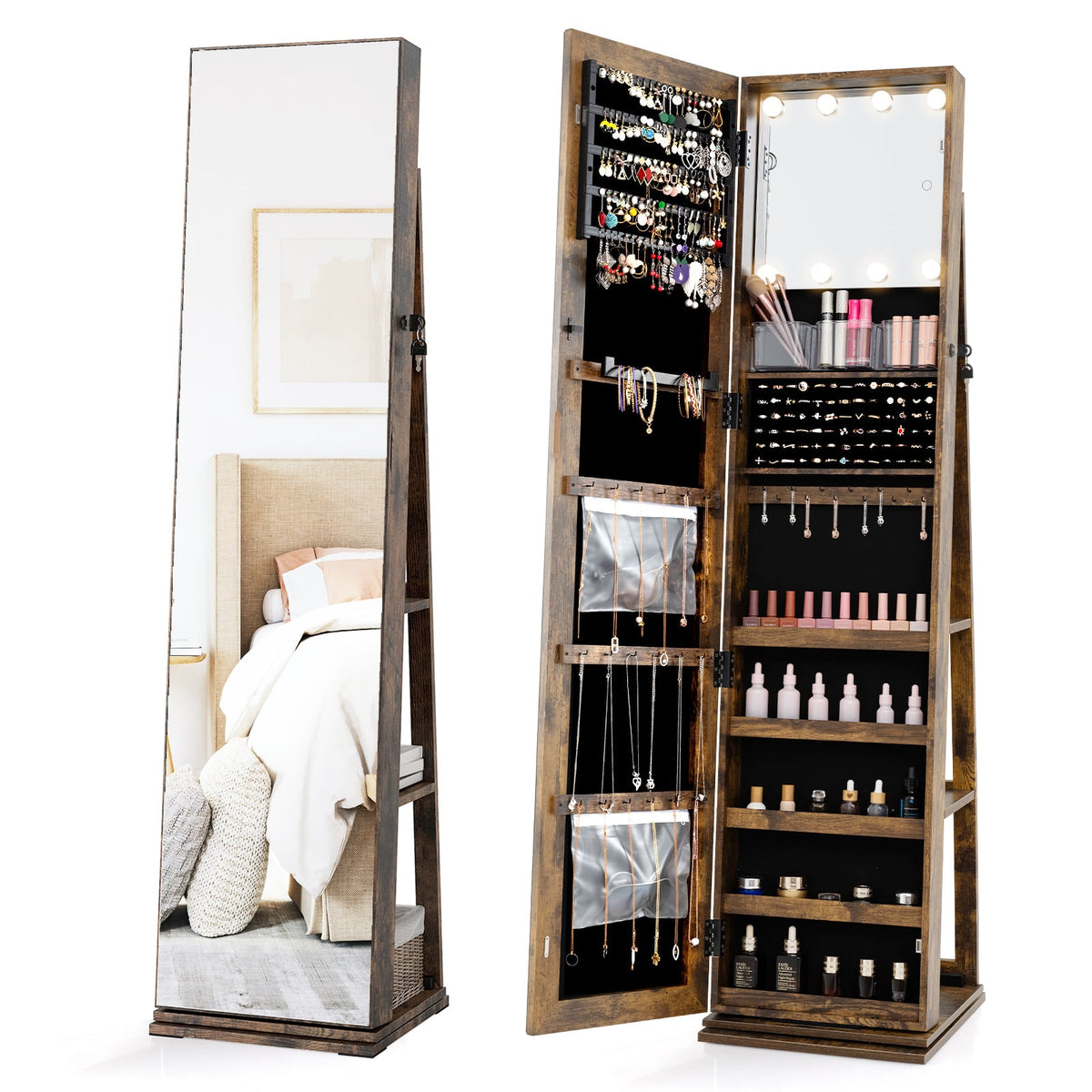 360° Swivel Jewelry Cabinet with Full Length Mirror-Rustic Brown-Jewelry Armoires-DECOROLALA