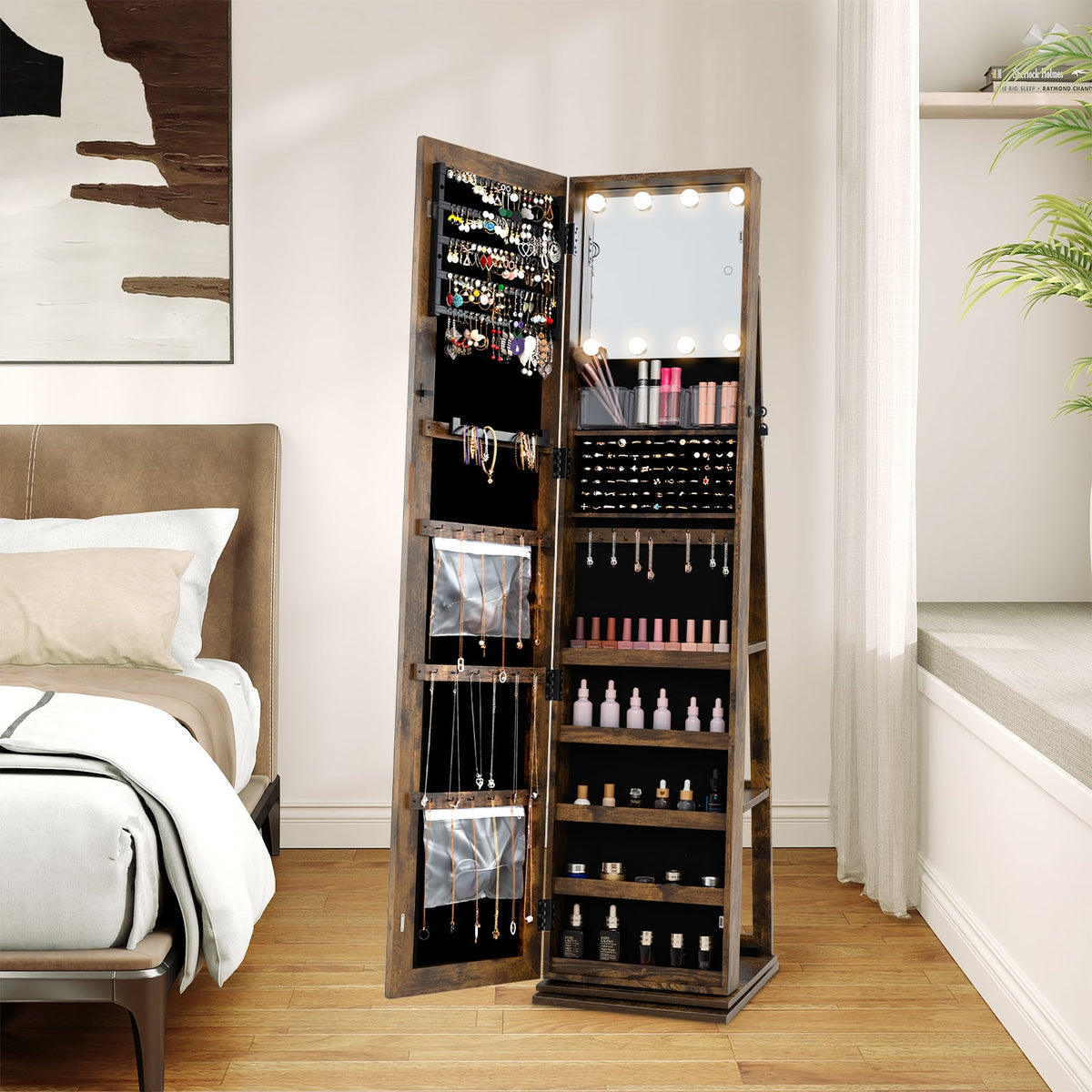 360° Swivel Jewelry Cabinet with Full Length Mirror-Rustic Brown-Jewelry Armoires-DECOROLALA