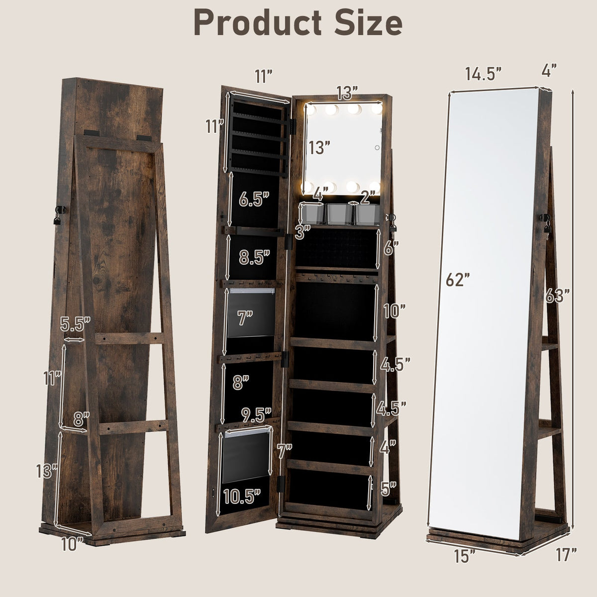 360° Swivel Jewelry Cabinet with Full Length Mirror-Rustic Brown-Jewelry Armoires-DECOROLALA