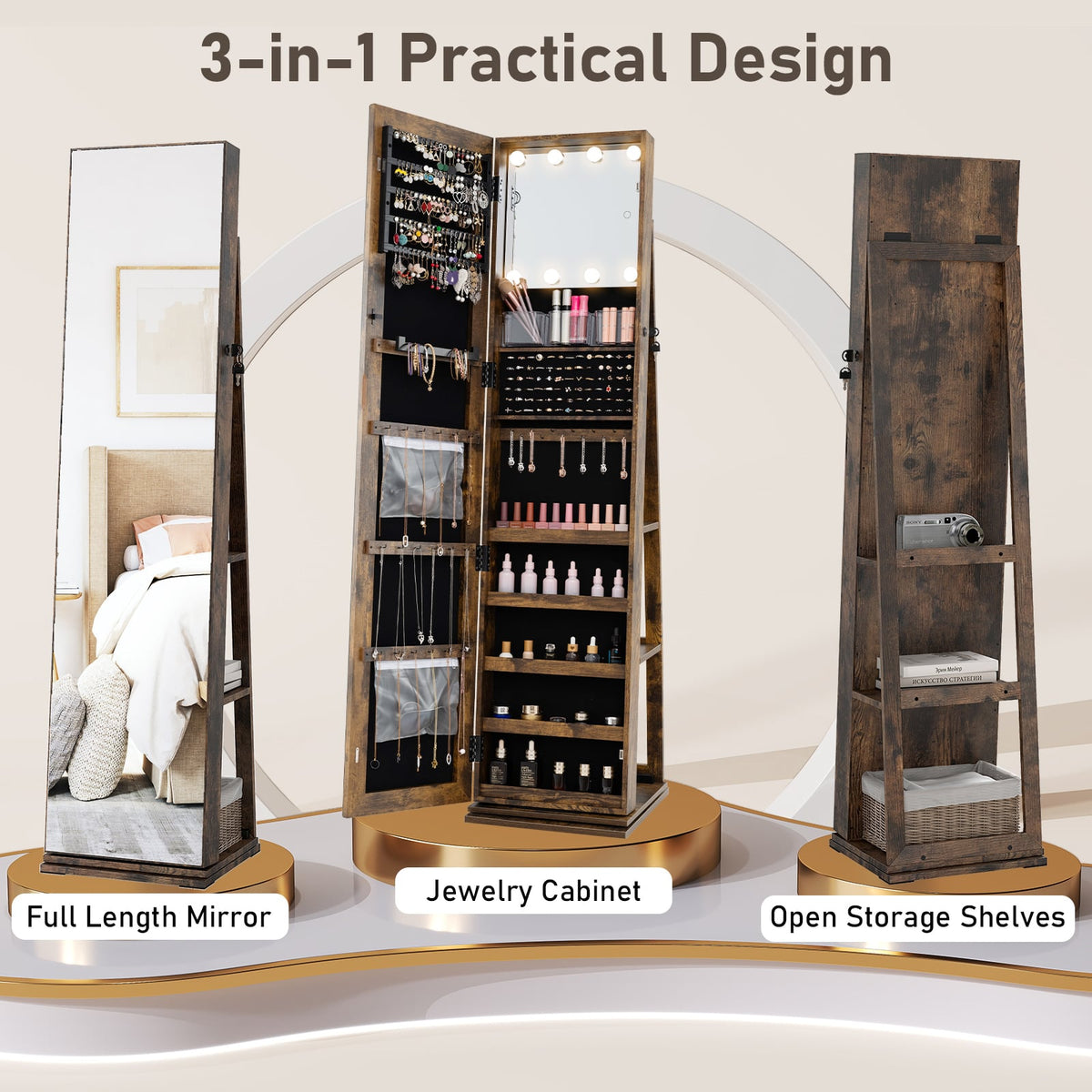 360° Swivel Jewelry Cabinet with Full Length Mirror-Rustic Brown-Jewelry Armoires-DECOROLALA