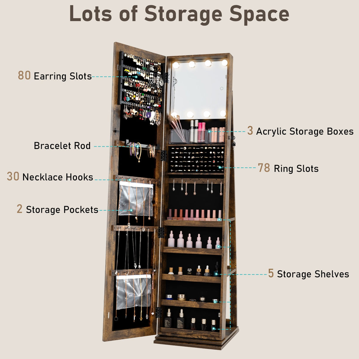 360° Swivel Jewelry Cabinet with Full Length Mirror-Rustic Brown-Jewelry Armoires-DECOROLALA