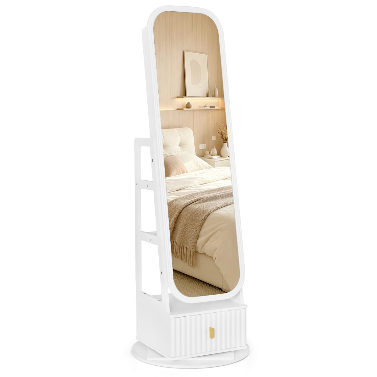 360° Swivel Jewelry Cabinet with Full-Length Mirror and Dual Hooks-White-Jewelry Armoires-DECOROLALA