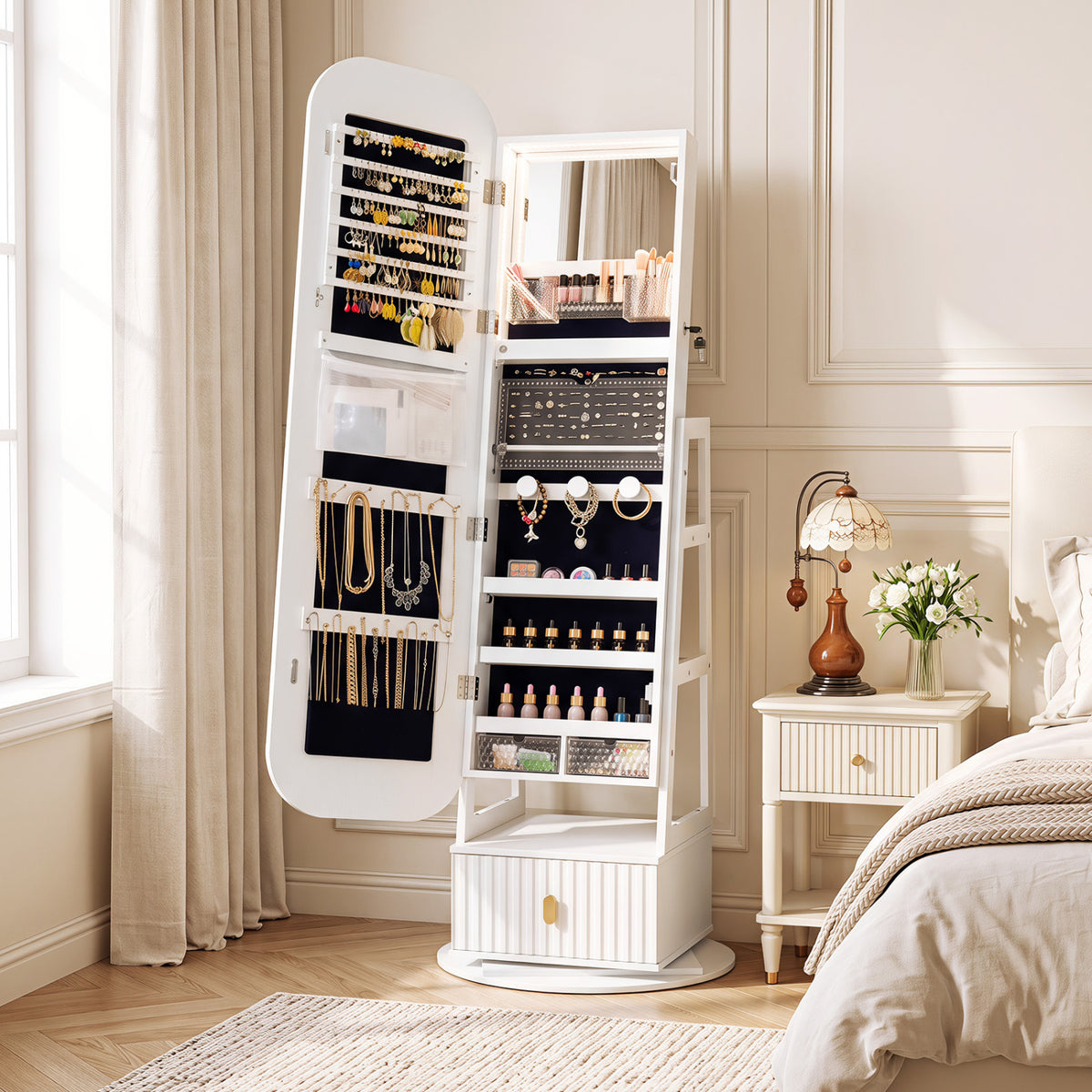 360° Swivel Jewelry Cabinet with Full-Length Mirror and Dual Hooks-White-Jewelry Armoires-DECOROLALA