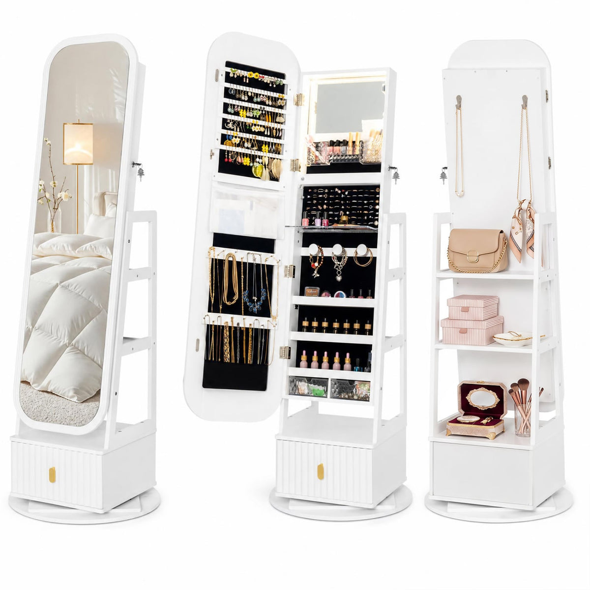 360° Swivel Jewelry Cabinet with Full-Length Mirror and Dual Hooks-White-Jewelry Armoires-DECOROLALA