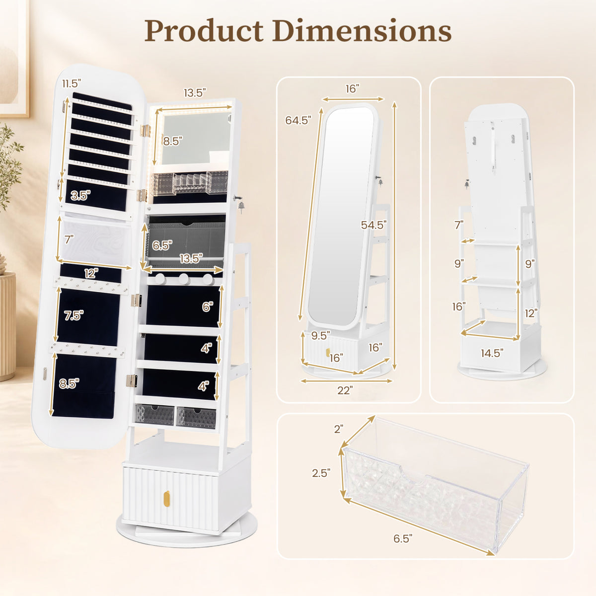 360° Swivel Jewelry Cabinet with Full-Length Mirror and Dual Hooks-White-Jewelry Armoires-DECOROLALA