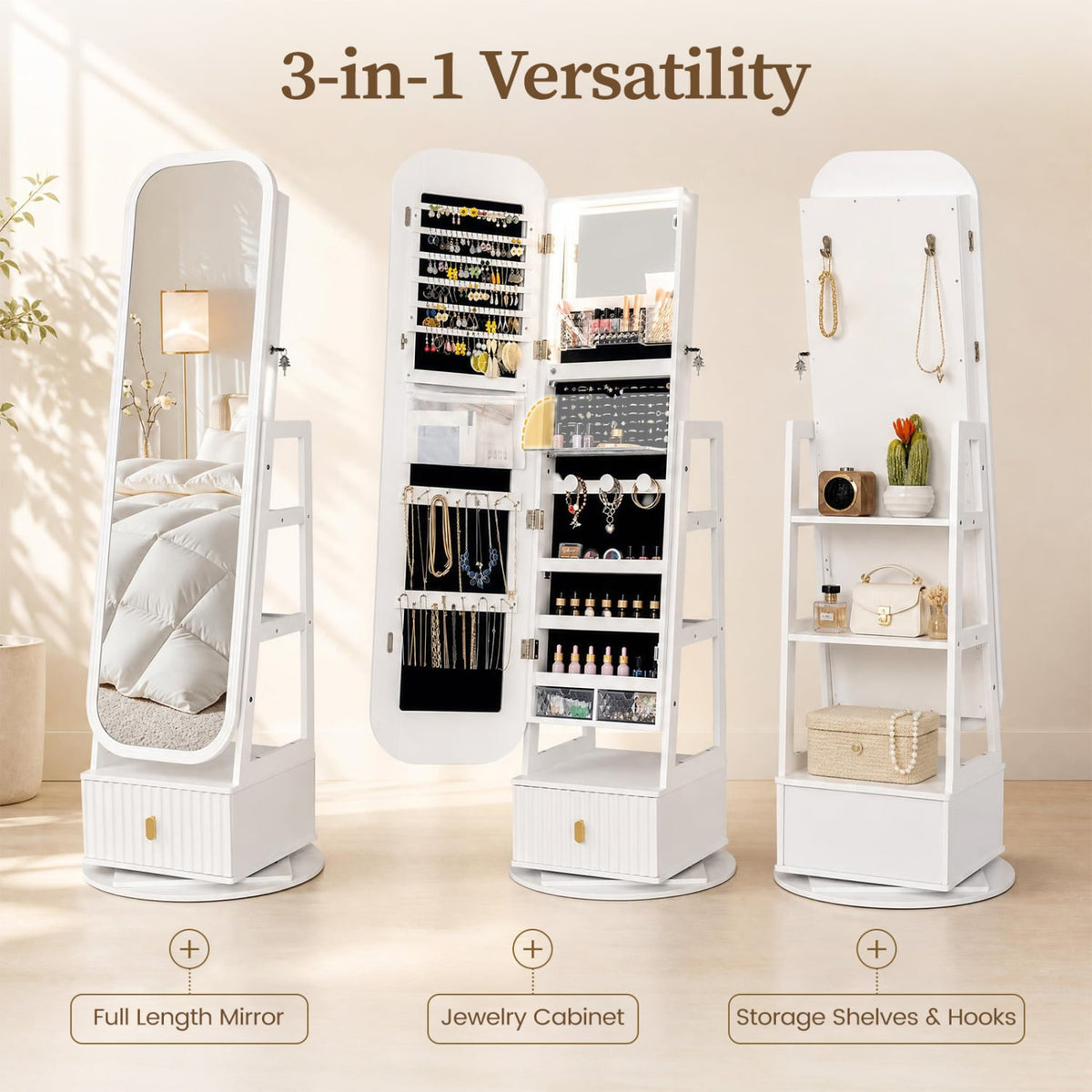 360° Swivel Jewelry Cabinet with Full-Length Mirror and Dual Hooks-White-Jewelry Armoires-DECOROLALA
