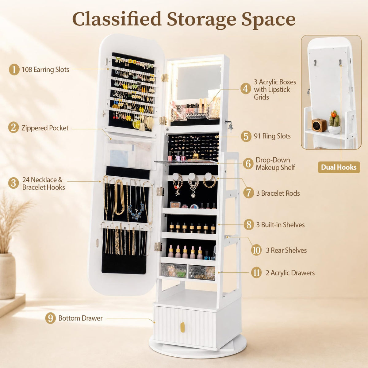 360° Swivel Jewelry Cabinet with Full-Length Mirror and Dual Hooks-White-Jewelry Armoires-DECOROLALA