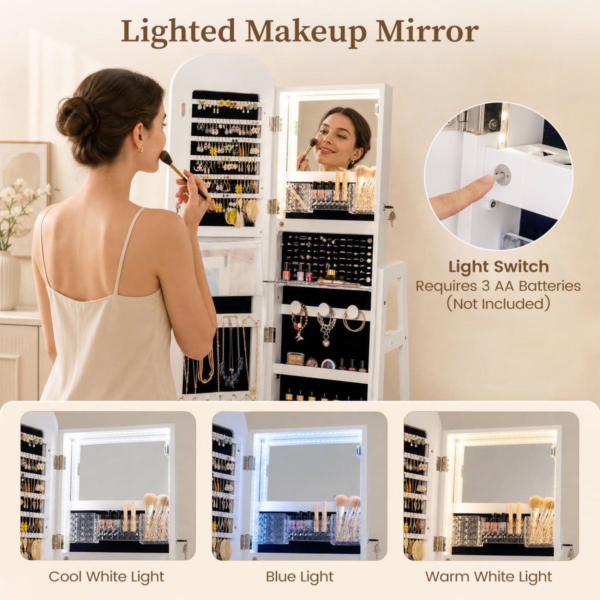 360° Swivel Jewelry Cabinet with Full-Length Mirror and Dual Hooks-White-Jewelry Armoires-DECOROLALA