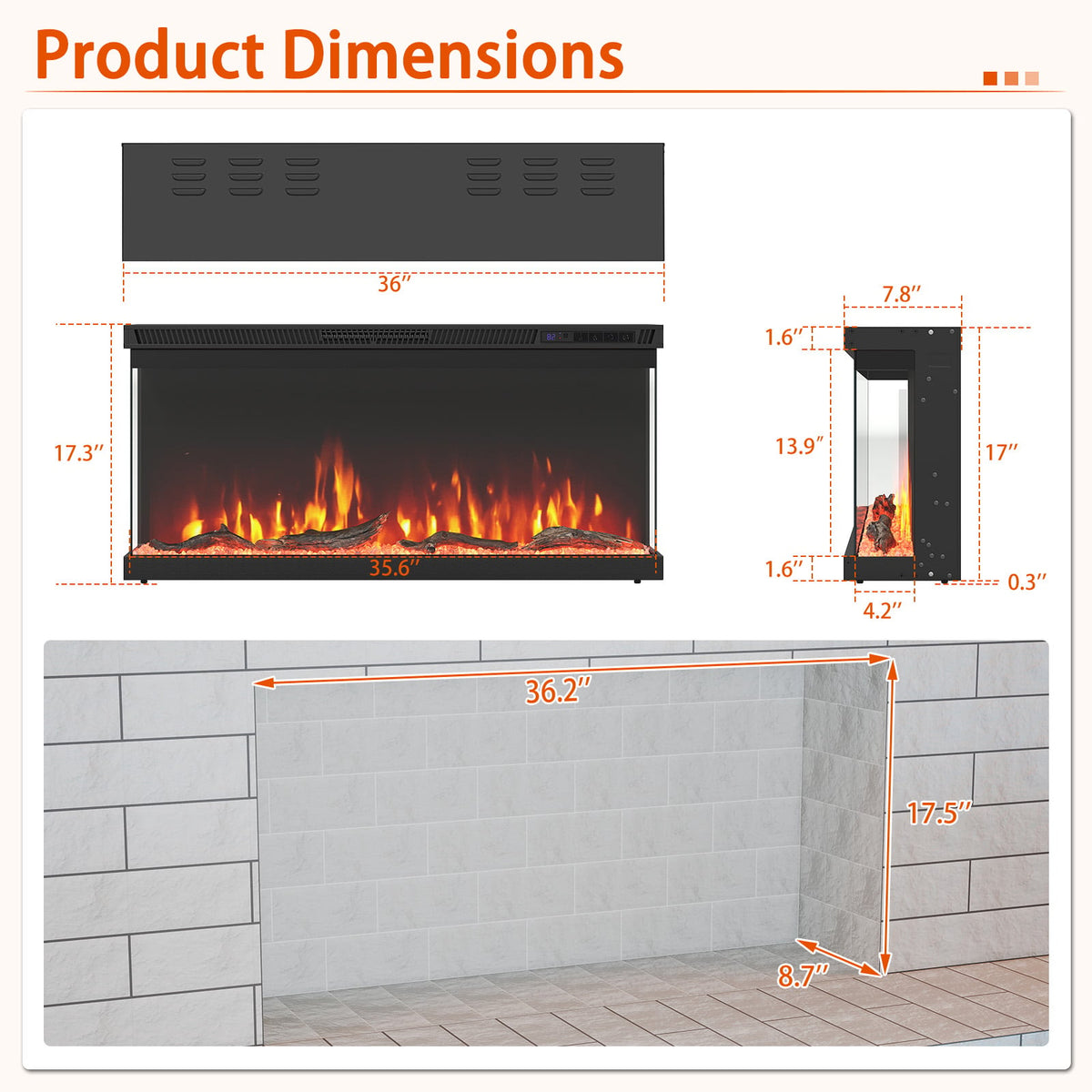 36/40/50/60 Inch Wide 3-Sided Electric Fireplace Insert with Remote Control and 12 Flame Colors-36 Inch-Fireplaces-DECOROLALA