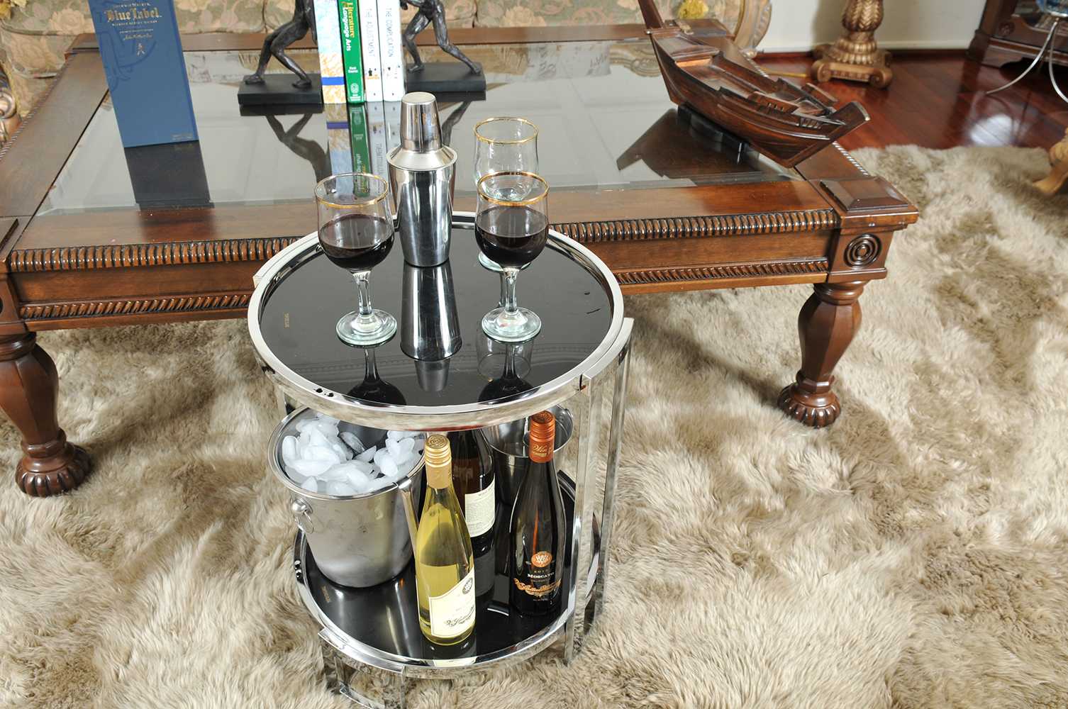 22" Silver Glass Round Mirrored End Table With Shelf-End-Side Tables-DECOROLALA