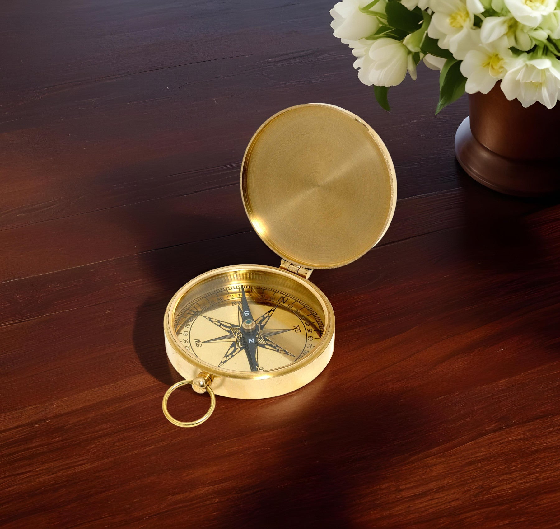 Shiny Brass Marine Compass With Lid-Sculptures-DECOROLALA