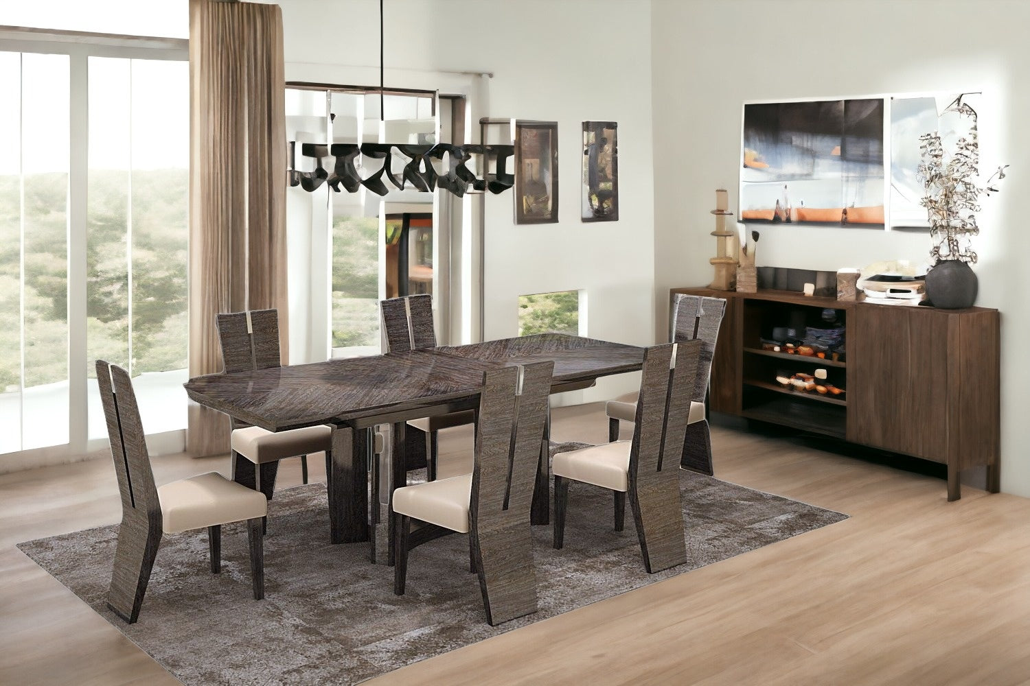 Seven Piece Gray Dining Set with Six Chairs-Dining Sets-DECOROLALA