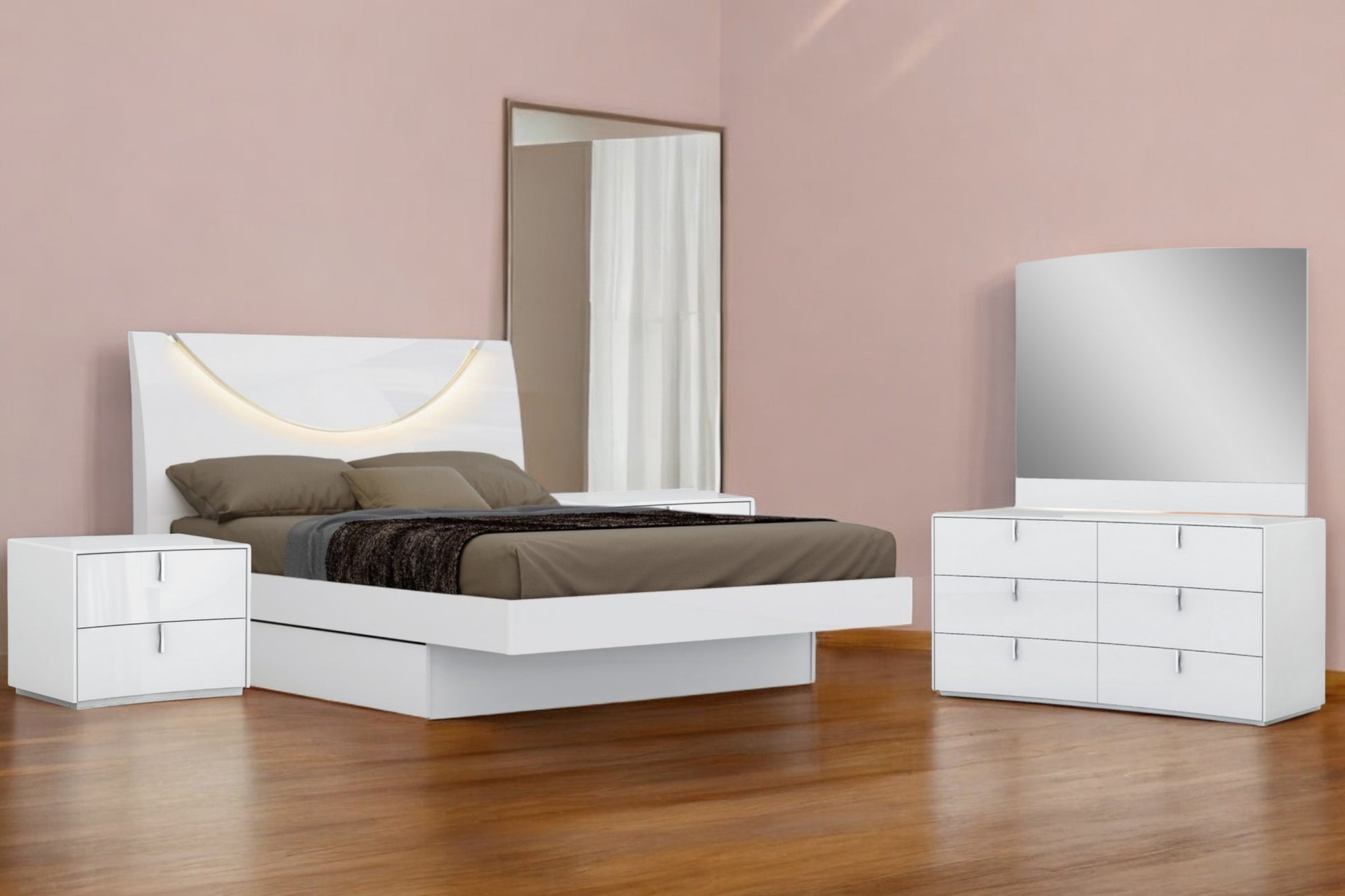 Four Piece White Solid and Manufactured Wood Bedroom Set With Mirror-Bedroom Furniture Sets-DECOROLALA