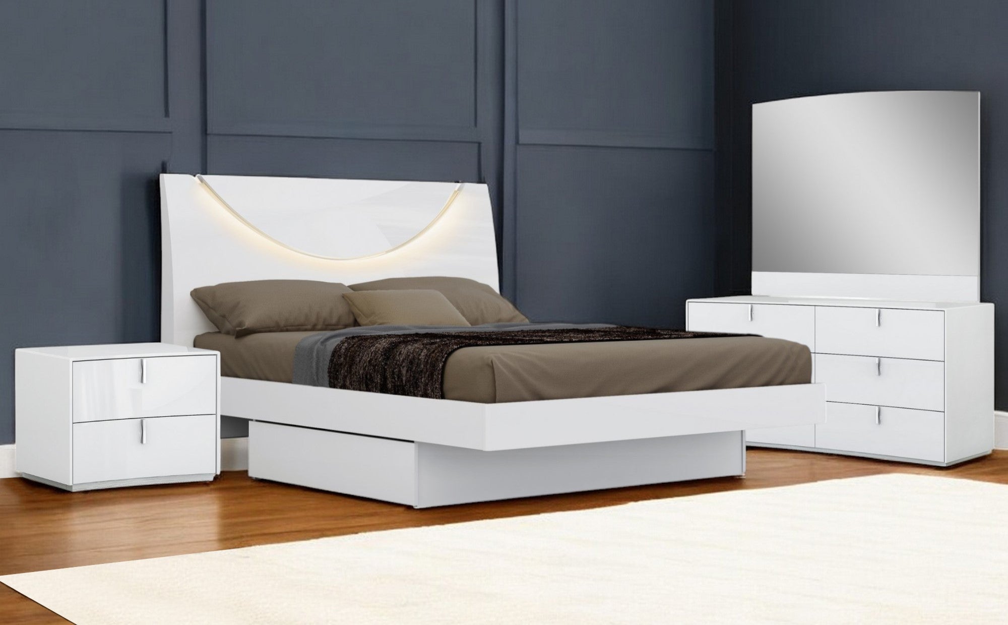 Four Piece White Solid and Manufactured Wood Bedroom Set With Mirror-Bedroom Furniture Sets-DECOROLALA