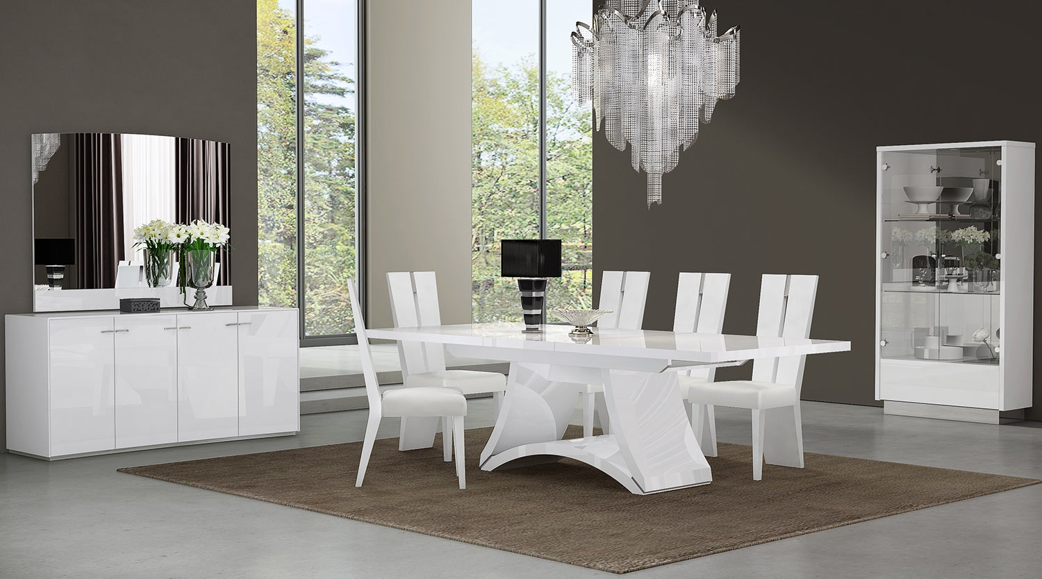 Seven Piece White Dining Set with Six Chairs-Dining Sets-DECOROLALA