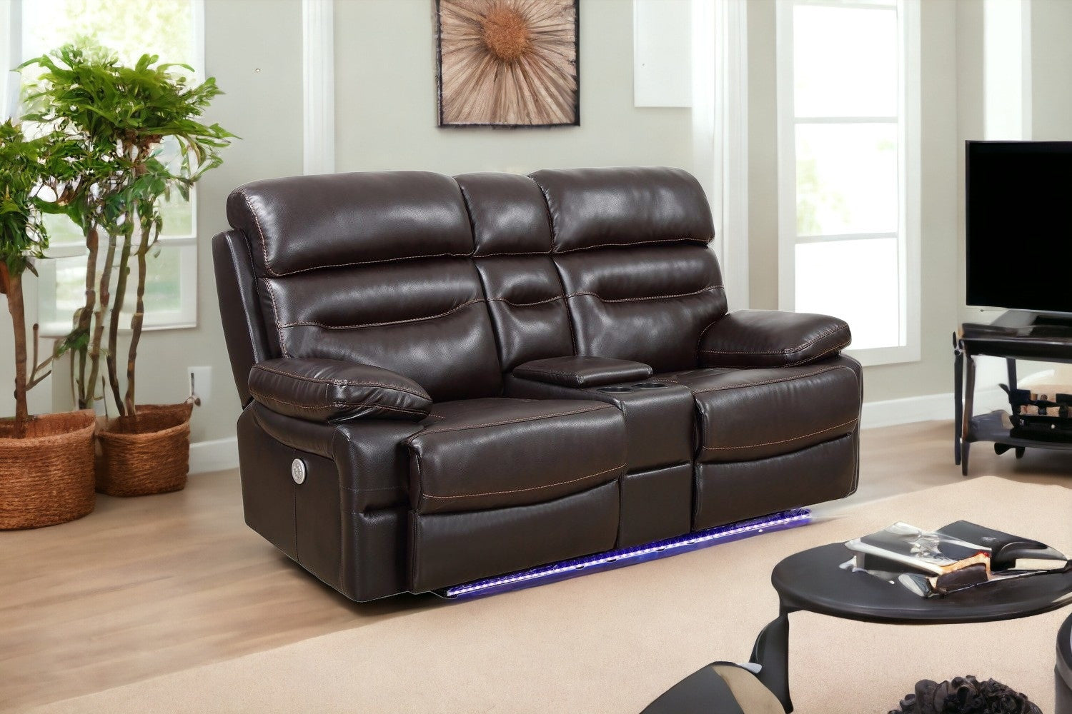 78" Brown Faux Leather Power Reclining Love Seat With Storage-1