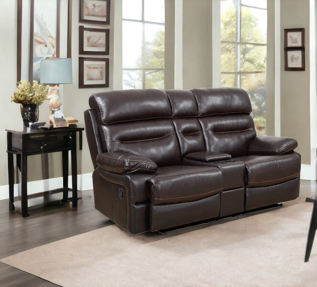 78" Brown Faux Leather Manual Reclining Love Seat With Storage-1