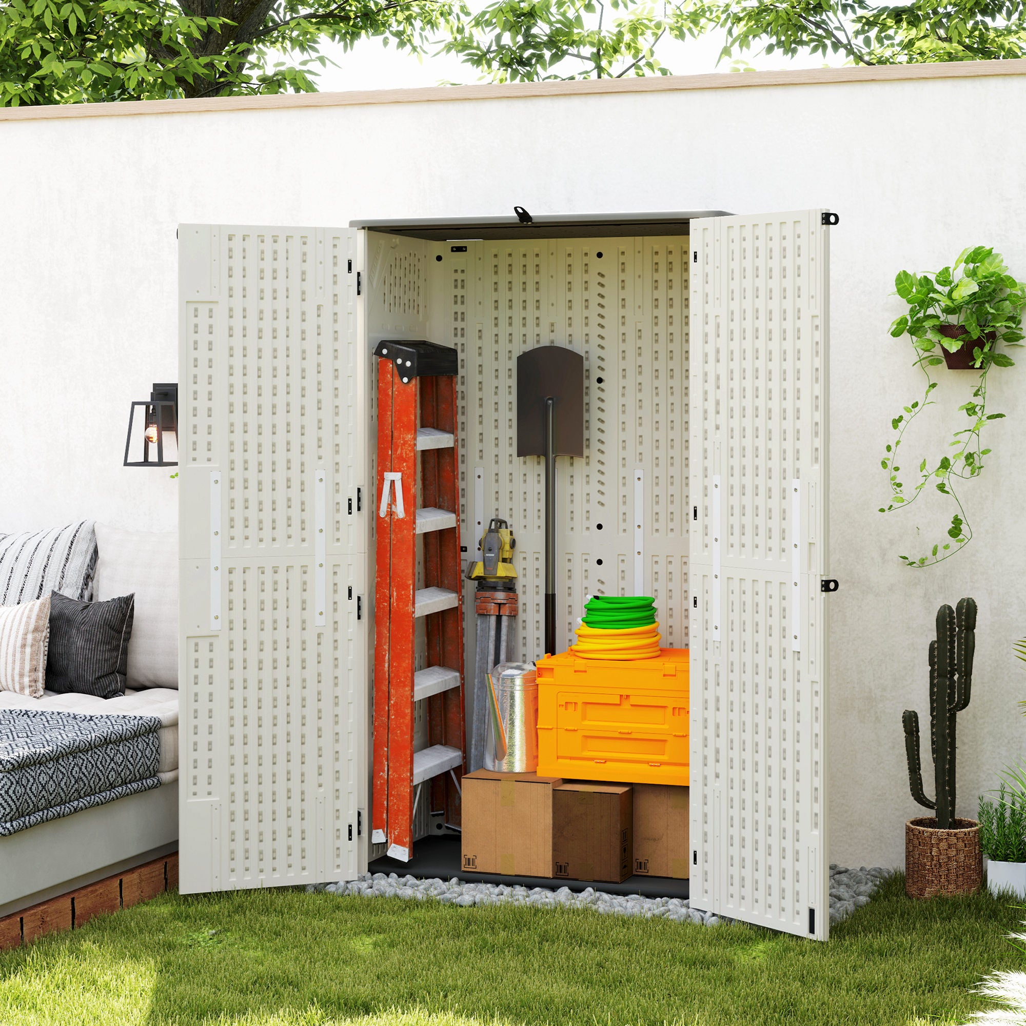 368 Gallon Outdoor Storage Shed - Cream White PP Plastic-Patio & Garden > Lawn & Garden > Sheds > Outdoor Storage Cabinet-DECOROLALA