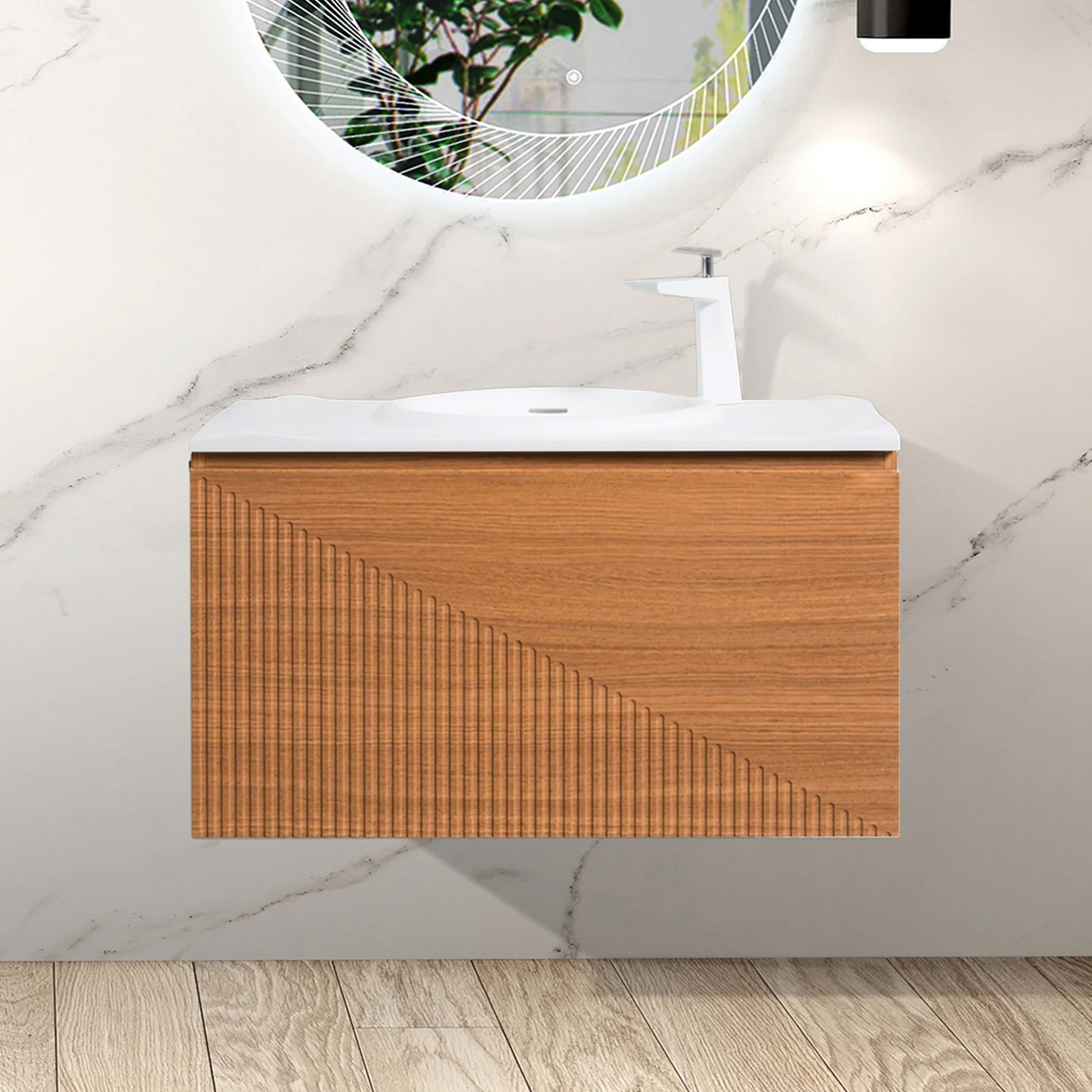 36" Light Oak Wall Mount Bathroom Vanity with White Solid Surface Countertop