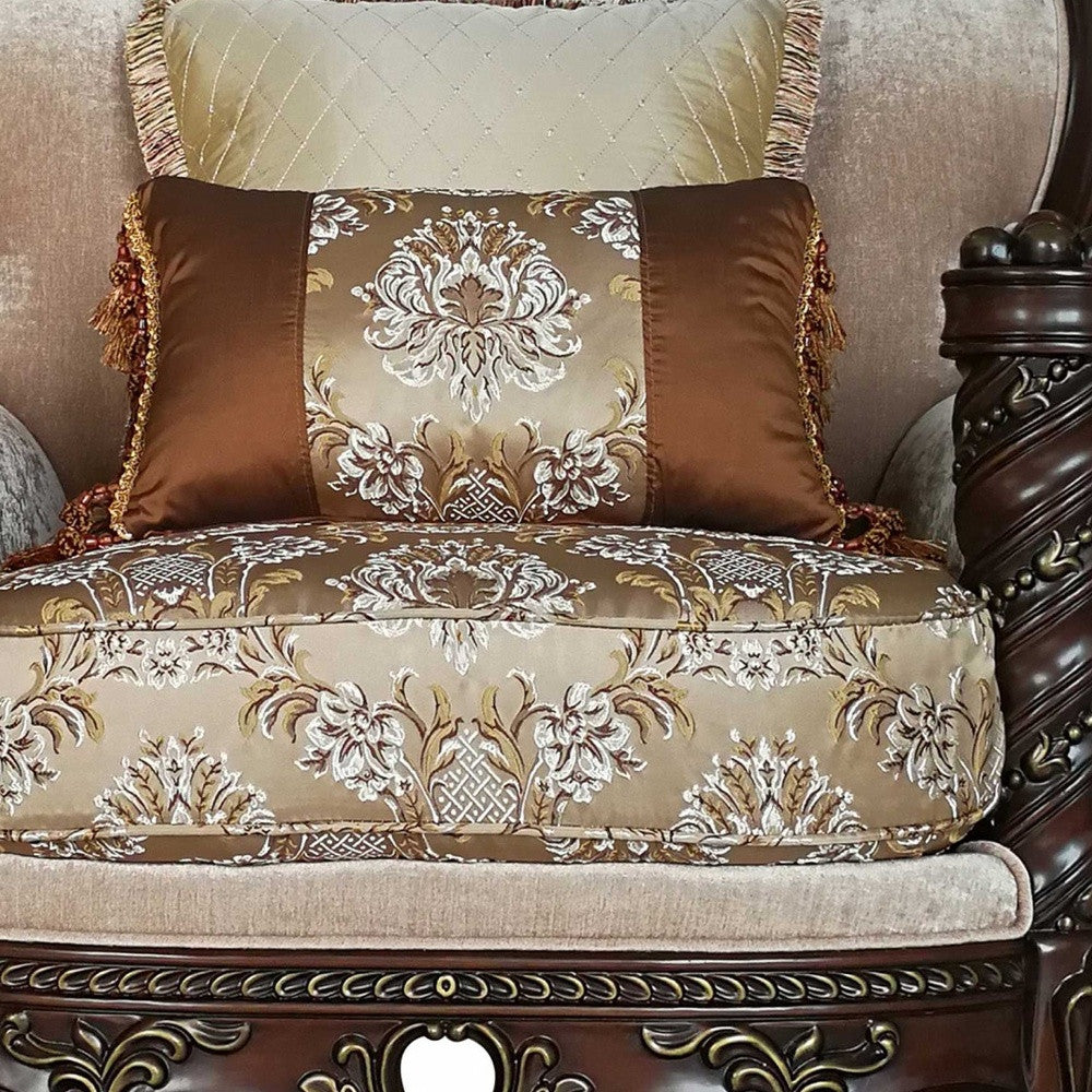 37" Beige and Brown Fabric Floral Club Chair And Toss Pillows-Accent Chairs-DECOROLALA