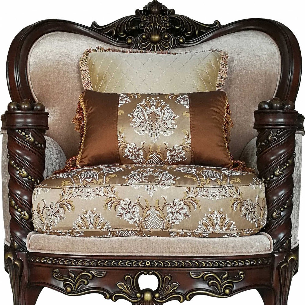 37" Beige and Brown Fabric Floral Club Chair And Toss Pillows-Accent Chairs-DECOROLALA