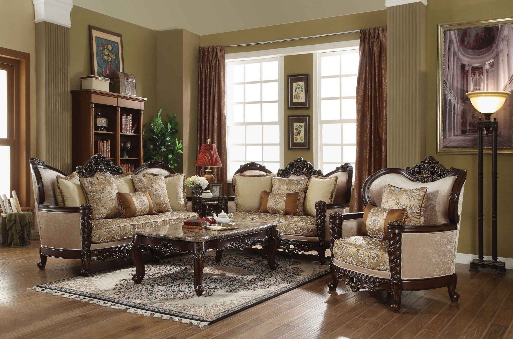 37" Beige and Brown Fabric Floral Club Chair And Toss Pillows-Accent Chairs-DECOROLALA