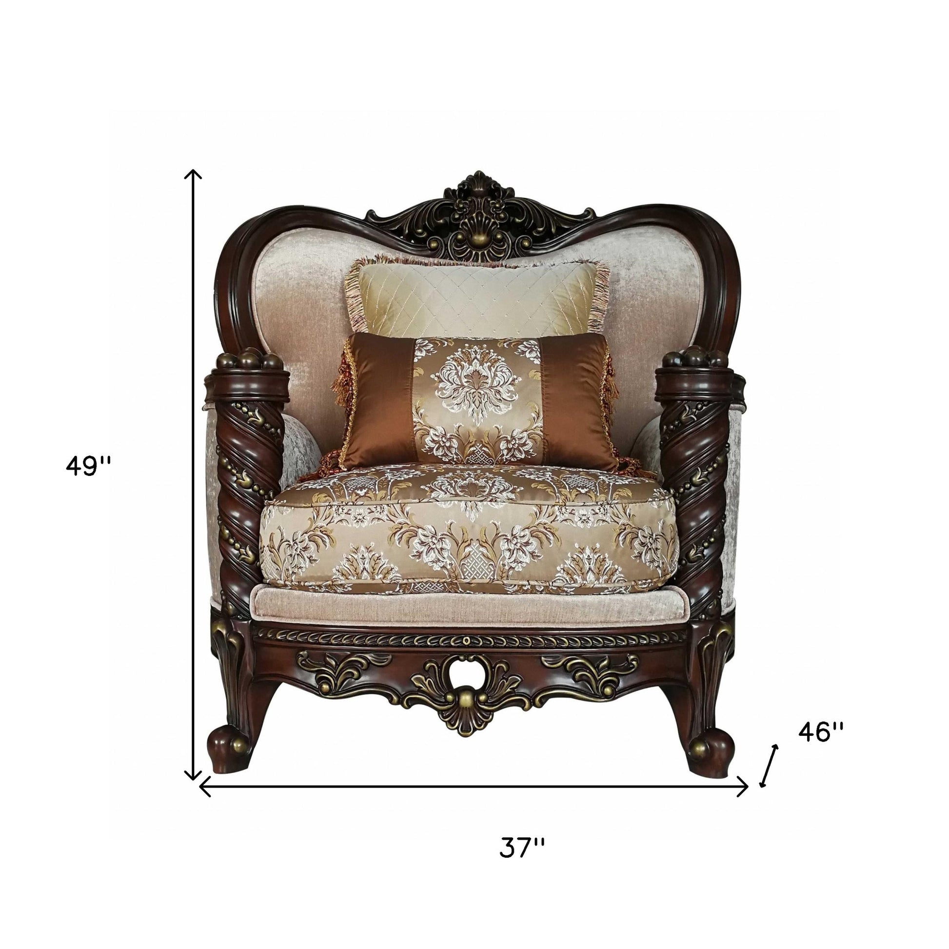 37" Beige and Brown Fabric Floral Club Chair And Toss Pillows-Accent Chairs-DECOROLALA