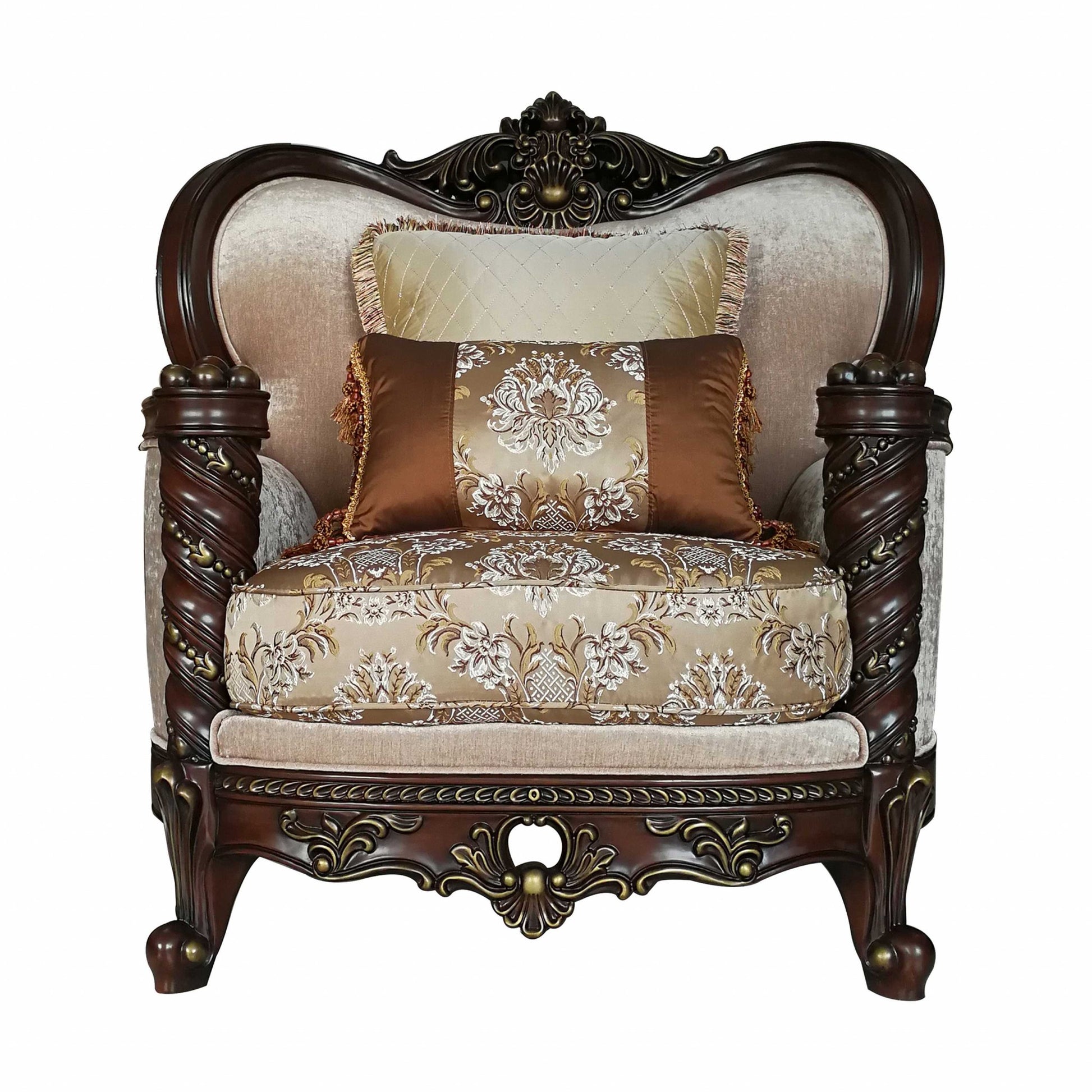 37" Beige and Brown Fabric Floral Club Chair And Toss Pillows-Accent Chairs-DECOROLALA