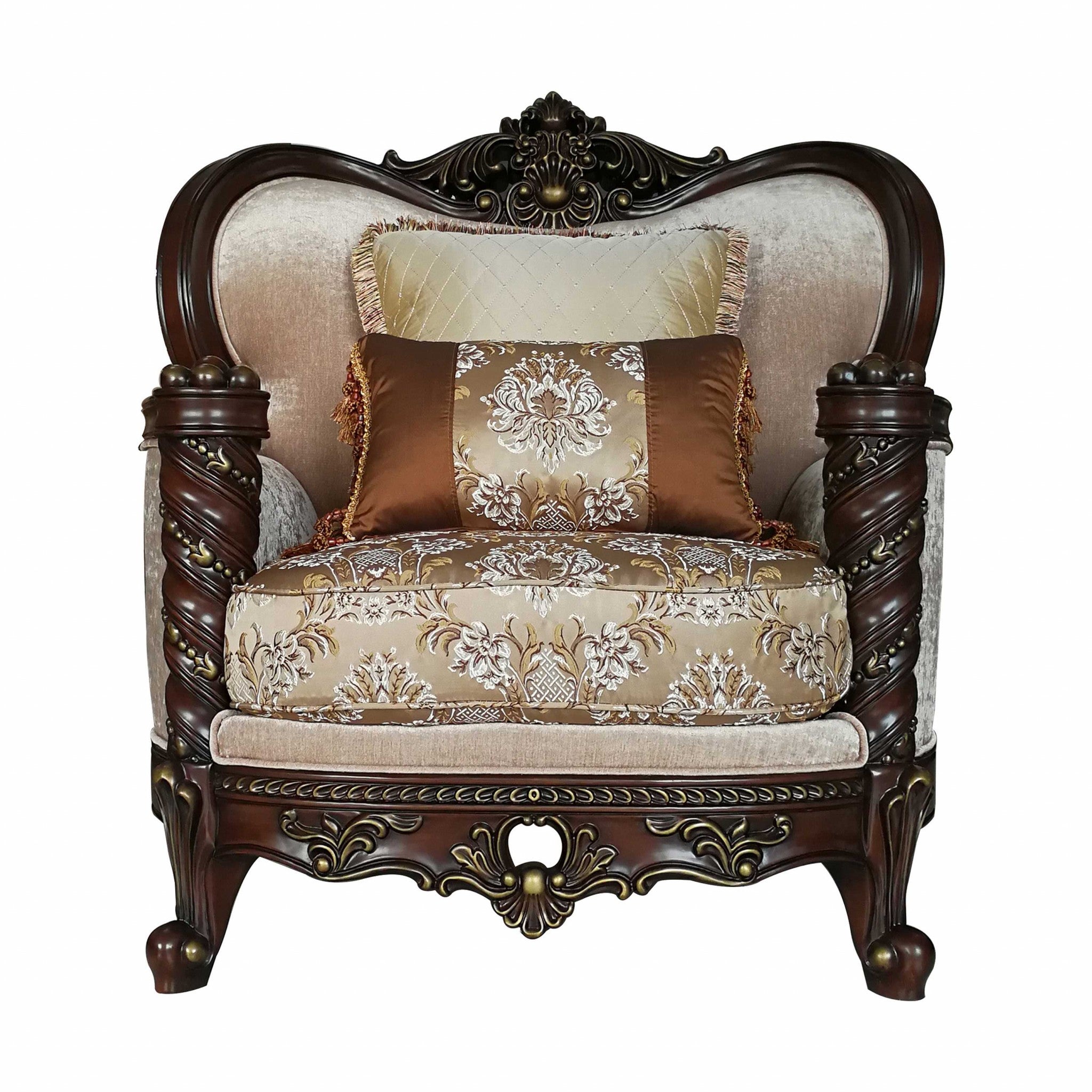 37" Beige and Brown Fabric Floral Club Chair And Toss Pillows-Accent Chairs-DECOROLALA