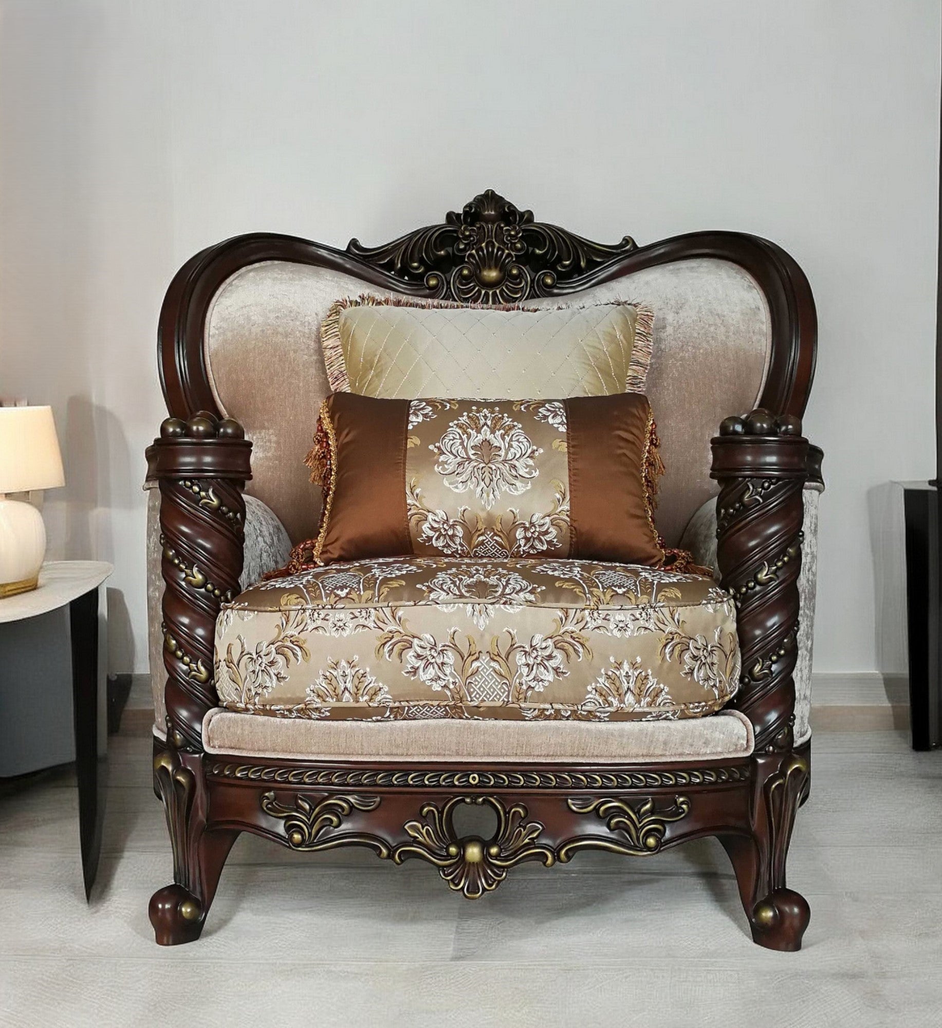 37" Beige and Brown Fabric Floral Club Chair And Toss Pillows-Accent Chairs-DECOROLALA