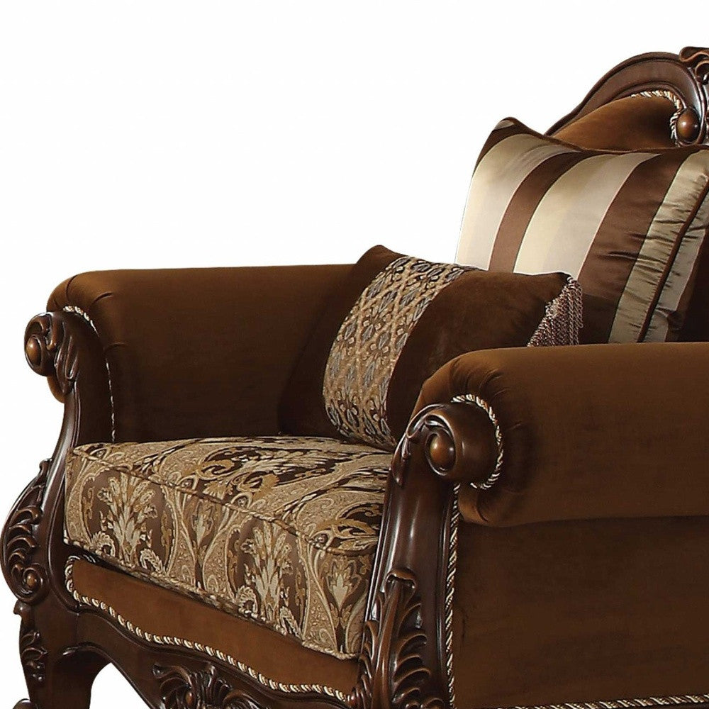 37" Brown Velvet Floral Club Chair And Toss Pillows-Accent Chairs-DECOROLALA