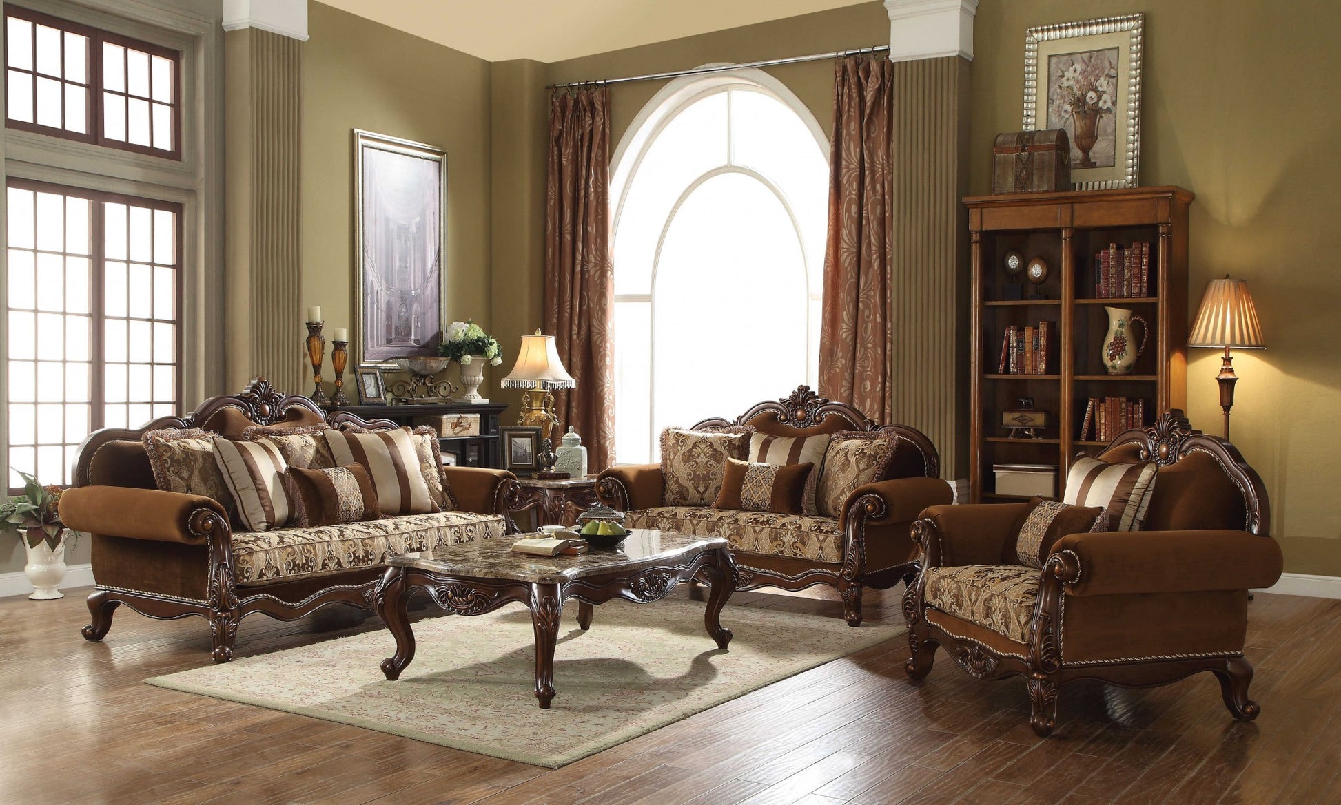 37" Brown Velvet Floral Club Chair And Toss Pillows-Accent Chairs-DECOROLALA