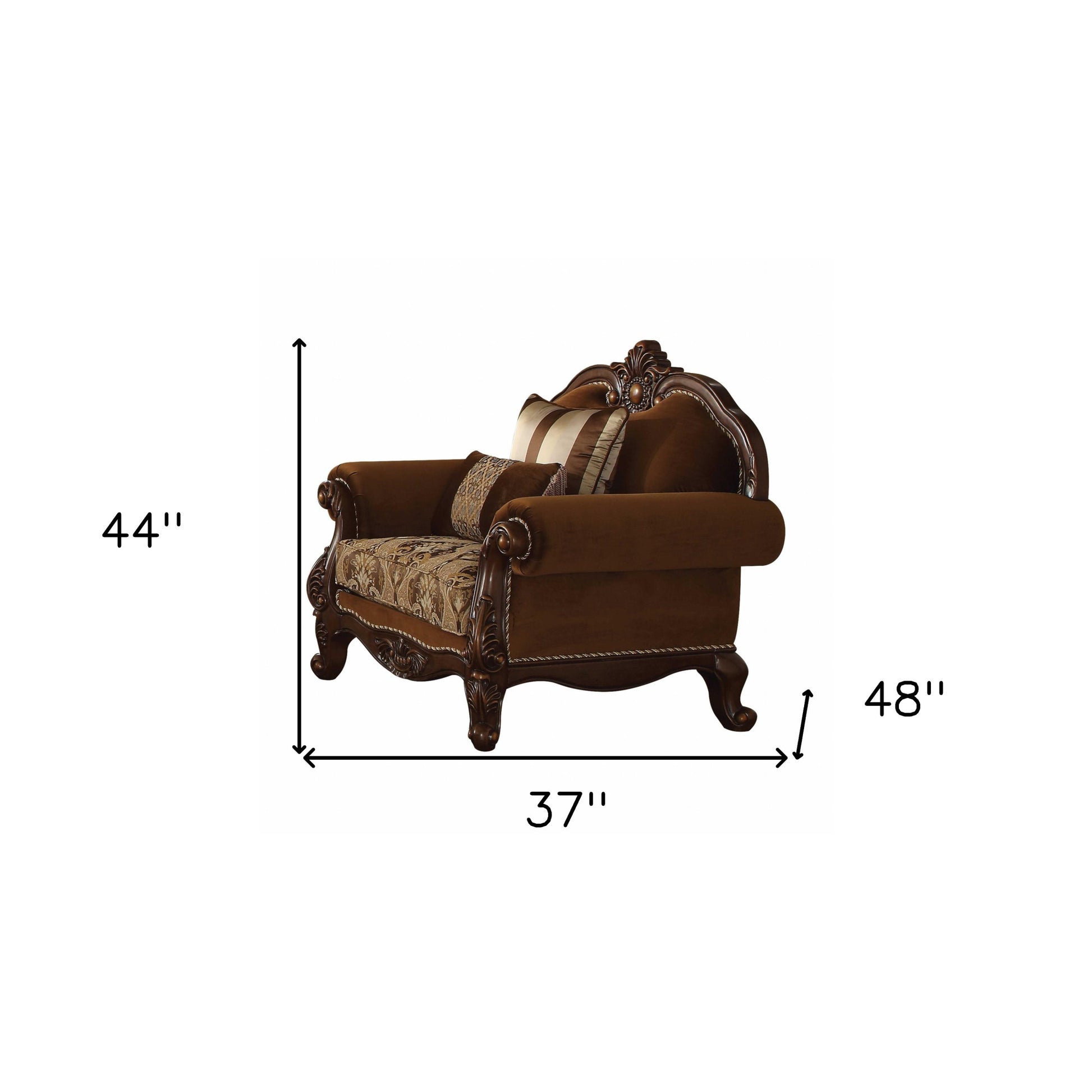 37" Brown Velvet Floral Club Chair And Toss Pillows-Accent Chairs-DECOROLALA