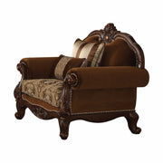 37" Brown Velvet Floral Club Chair And Toss Pillows-Accent Chairs-DECOROLALA