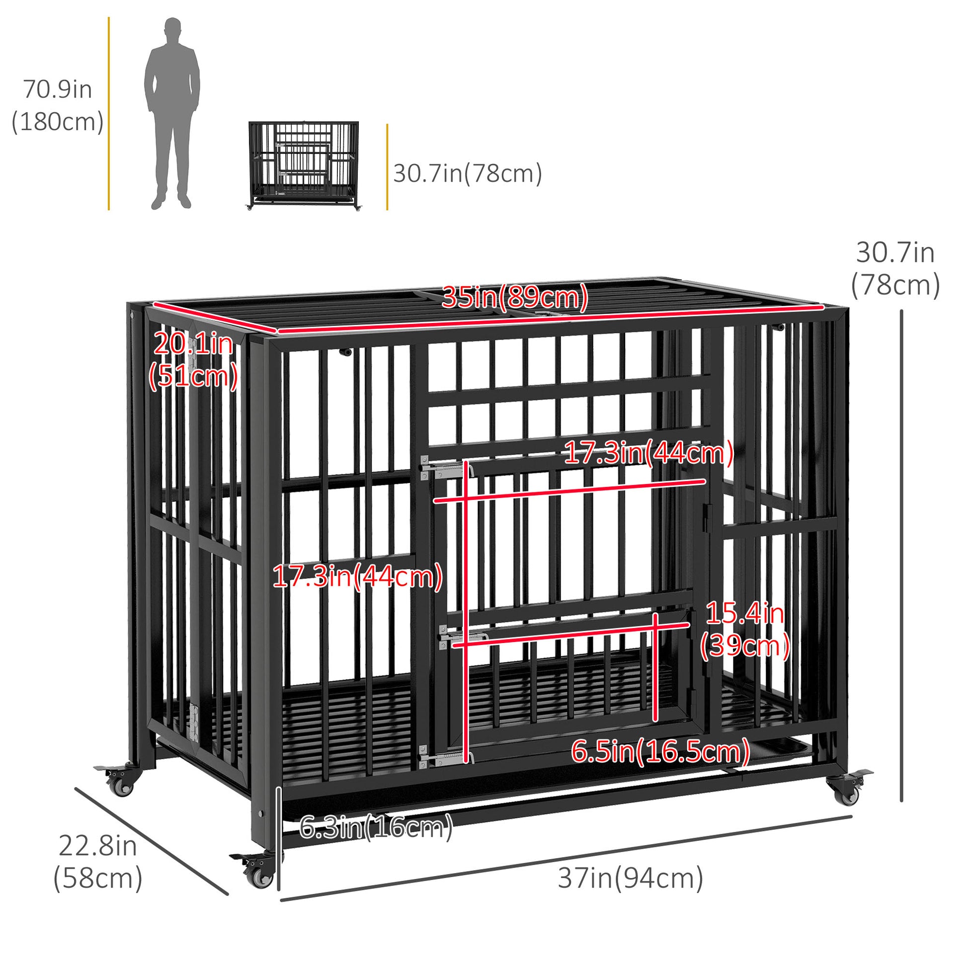 37" Heavy Duty Dog Crate, Foldable Dog Cage on Wheels with Double Locks, Removable Tray, Openable Top, Double Doors, Indoor Outdoor Use, for Small and Medium Dogs - Black-DECOROLALA