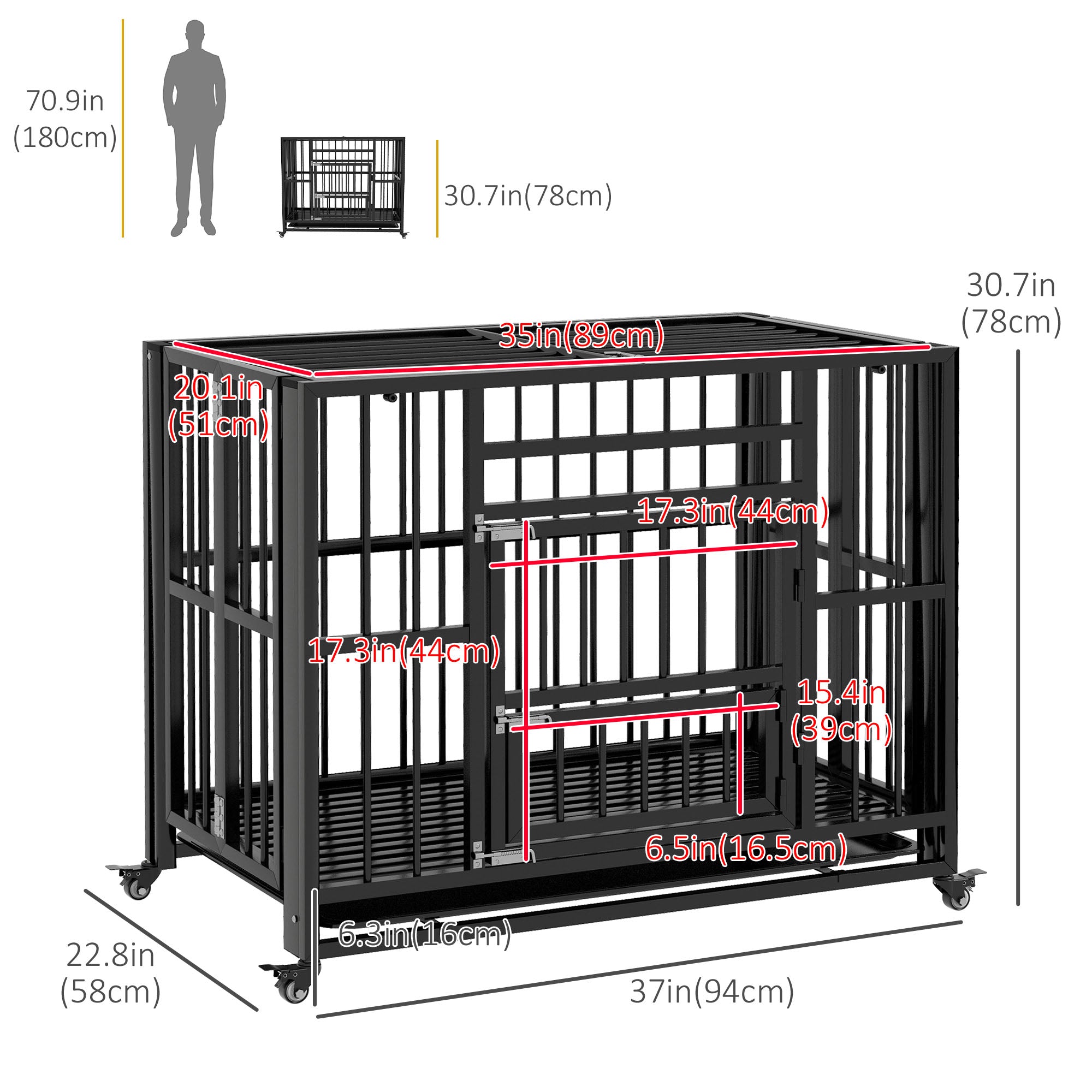 37" Heavy Duty Dog Crate, Foldable Dog Cage on Wheels with Double Locks, Removable Tray, Openable Top, Double Doors, Indoor Outdoor Use, for Small and Medium Dogs - Black-DECOROLALA