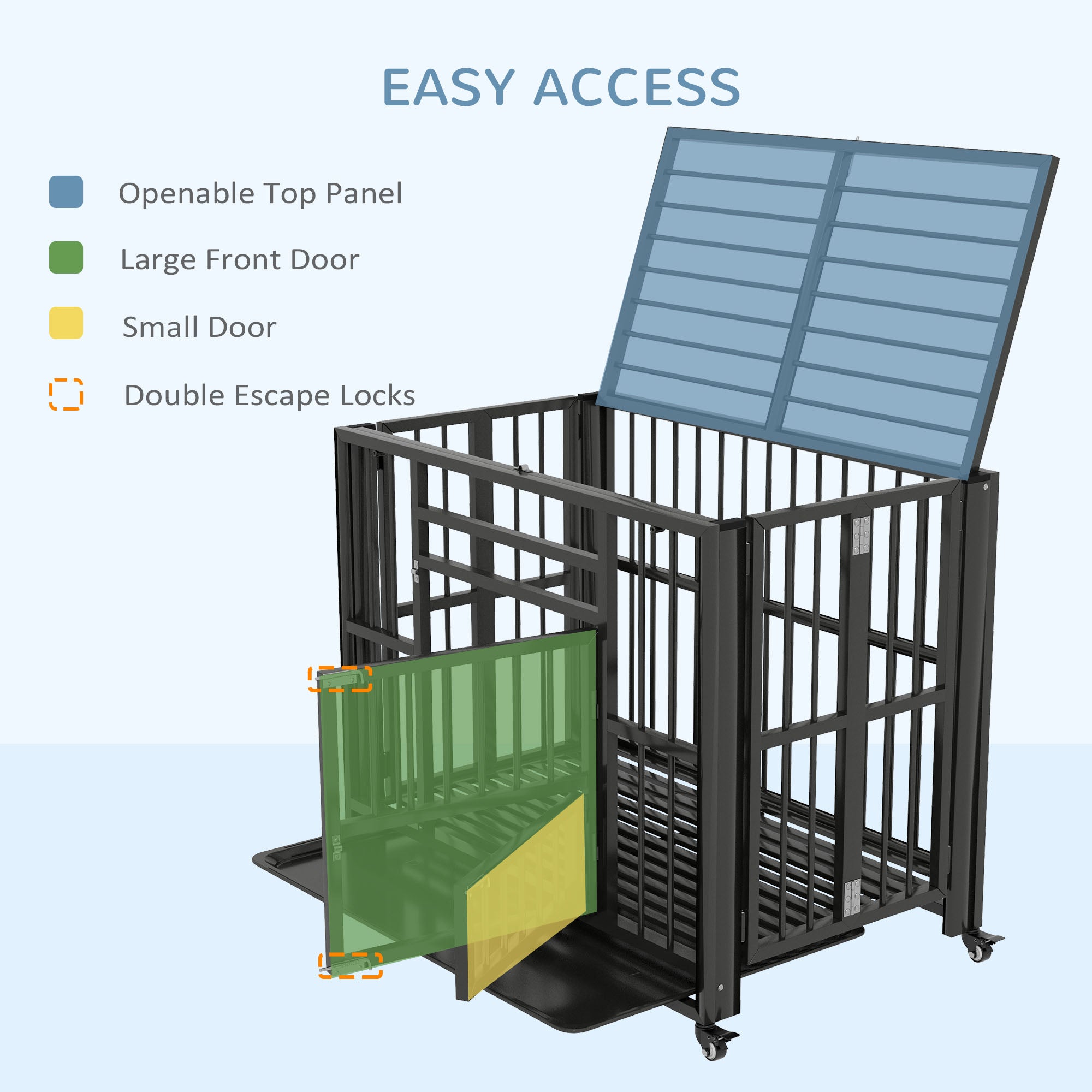 37" Heavy Duty Dog Crate, Foldable Dog Cage on Wheels with Double Locks, Removable Tray, Openable Top, Double Doors, Indoor Outdoor Use, for Small and Medium Dogs - Black-DECOROLALA
